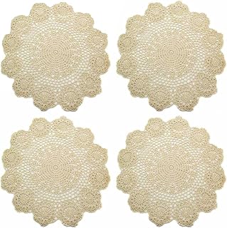kilofly Handmade Crochet Round Cotton Lace Table Placemats Doilies Value Pack [Set of 4], Lotus, Beige