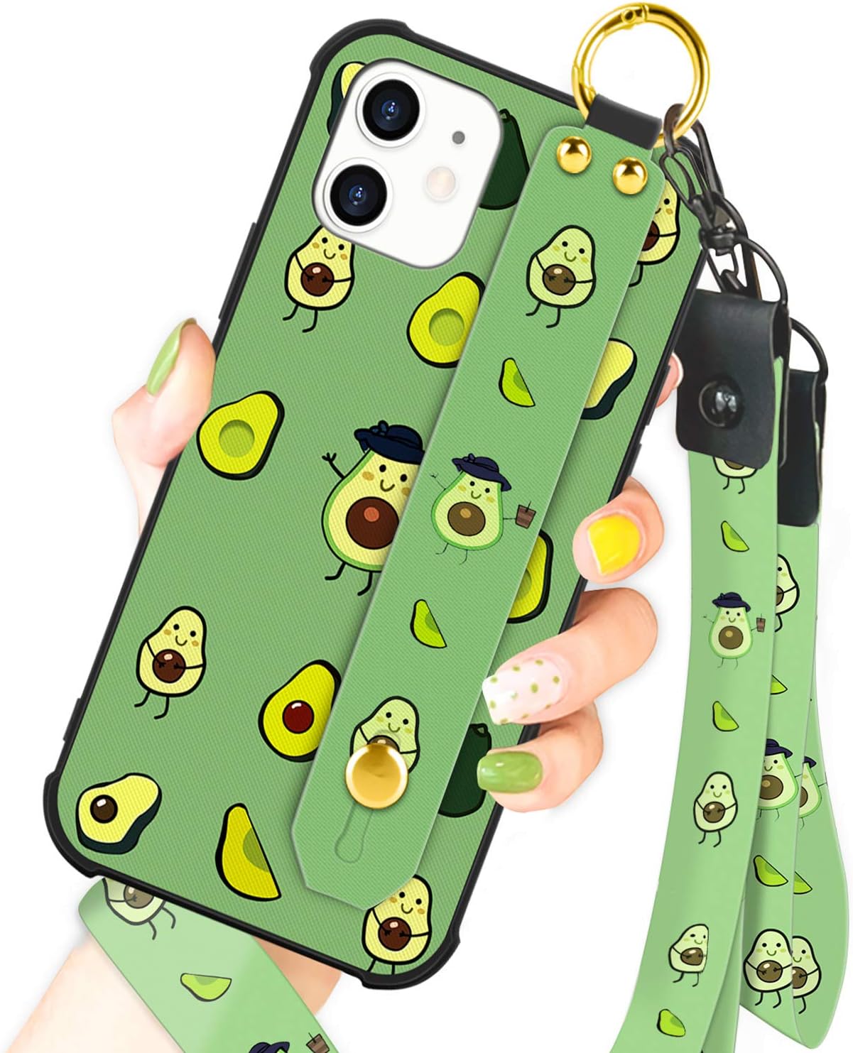 OOK Compatible with iPhone 12 Mini Case Avocado Design Wrist Strap Cell Phone Cover with Lanyard Kickstand Band Protective Shockproof Stand Fruit Pattern Bumper Case for Women Girls