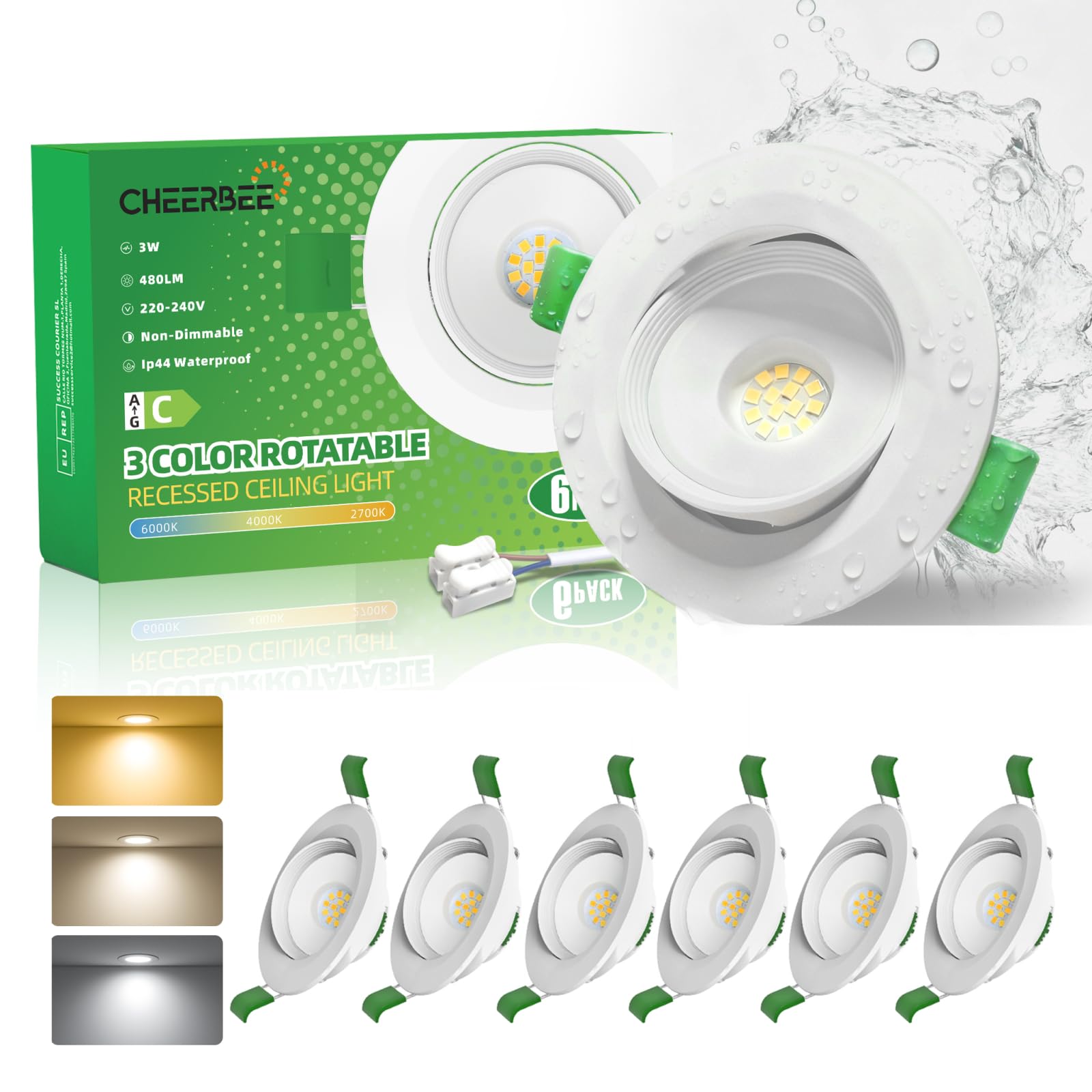 Spot LED Encastrable Orientable, 3W 450LM Spots de Plafond Encastré Blanc Chaud 2700K Blanc Neutre 4000K Blanc Froid 6000K Réglable, IP44 Pour salle de bain Salon Cuisine, Ø70–80mm, Lot de 6