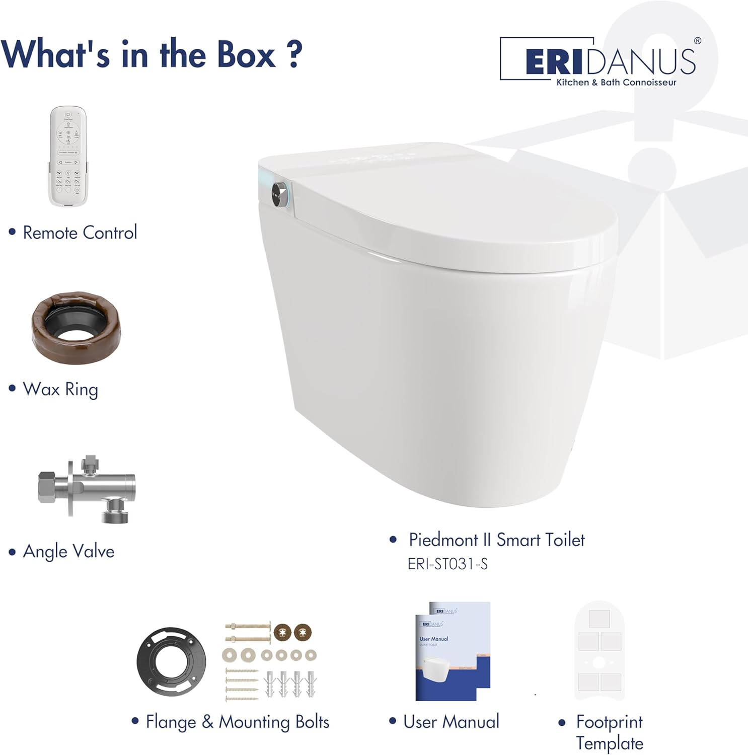 Image showing the contents of the Eridanus Smart Toilet box: Piedmont II Smart Toilet ERI-ST031-S, Remote Control, Wax Ring, Angle Valve, Flange & Mounting Bolts, User Manual, Footprint Template.