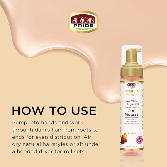 African Pride Moisture Miracle Rose Water & Argan Oil Curl Hair Mousse, Flexible Hold, Enhances Curls, Creates Wave Patterns, No Residue, Deep Moisture, Adds Shine, Strengthens & Protects Hair, 8.5 oz