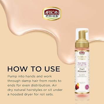 African Pride Moisture Miracle Rose Water & Argan Oil Curl Hair Mousse, Flexible Hold, Enhances Curls, Creates Wave Patterns, No Residue, Deep Moisture, Adds Shine, Strengthens & Protects Hair, 8.5 oz