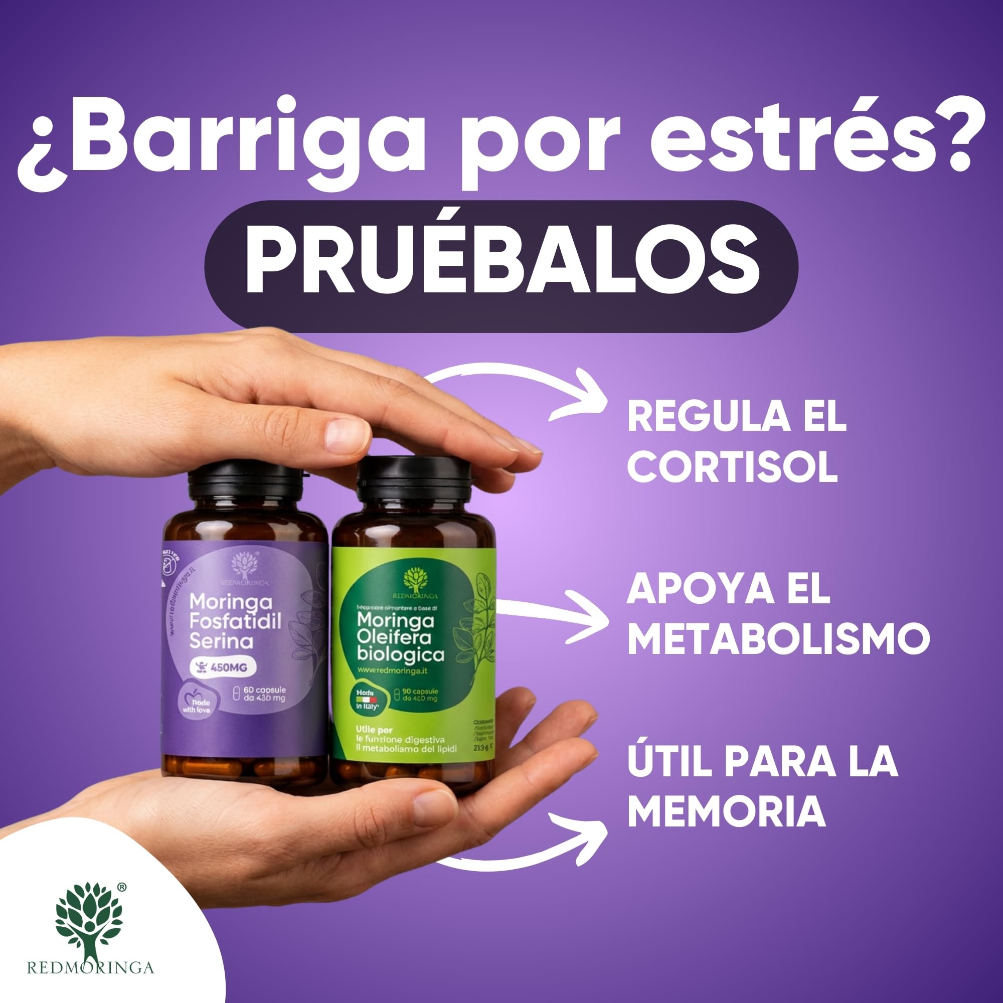 LOW CORTISOL – Fosfatidilserina 450 mg + Moringa Oleifera BIO | Para bajar el cortisol | Suplemento para memoria y concentración | 150 Cápsulas Vegetales Made in Italy | RedMoringa