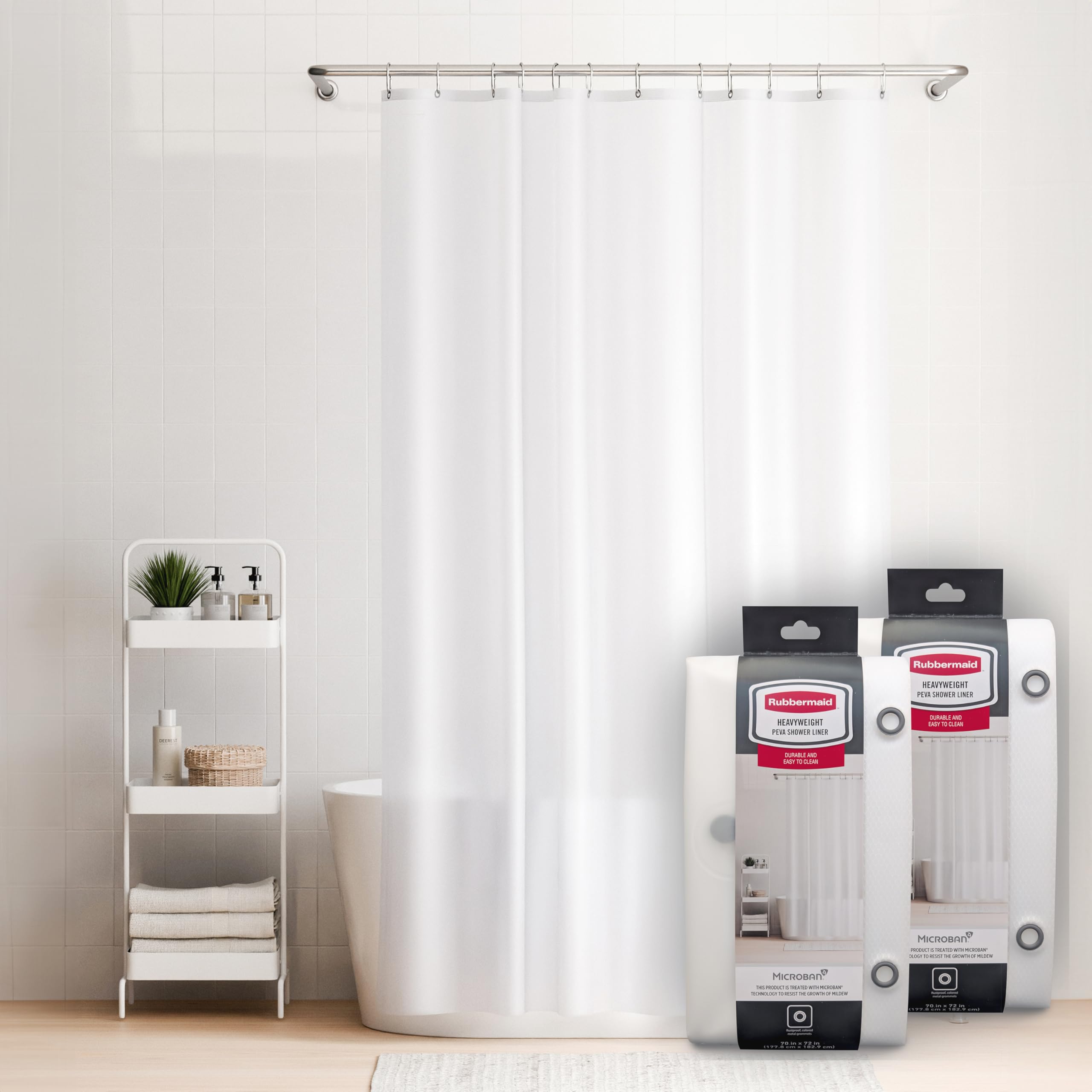 Rubbermaid Heavyweight PEVA Shower Curtain Liner, Waterproof Shower Liner with Rustproof Metal Grommets and Weighted Magnetic Hem, BPA-Free, 70 x 72 Inches, Frosty with Charcoal Grommets (Pack of 2)