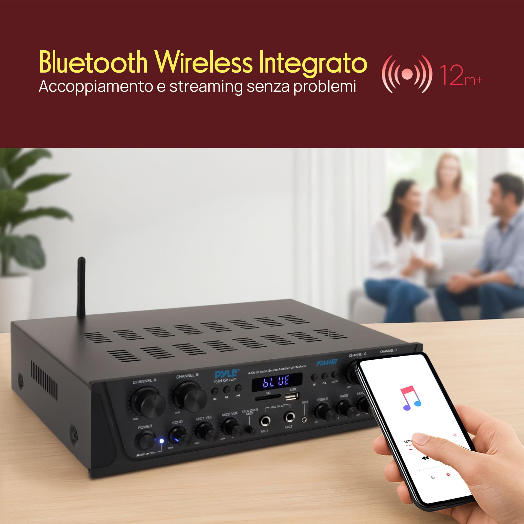 Pyle Amplificatore Karaoke Bluetooth Wireless 500 Watt, Audio Stereo 4 Canali con AUX, Radio FM, USB, Microfono In
