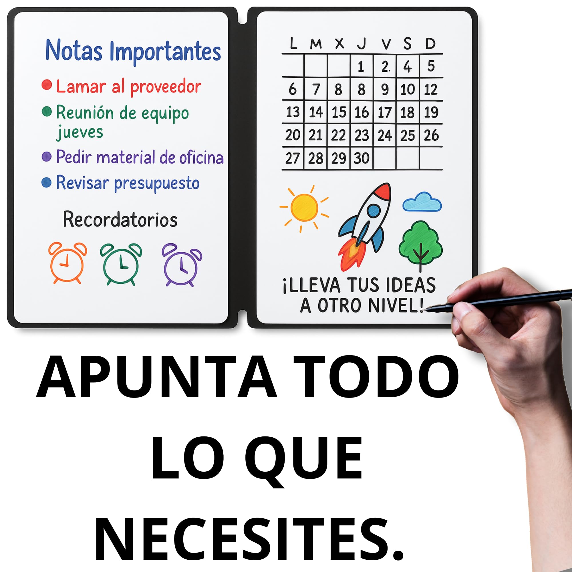 MandA® PIZARRA BLANCA pequeña | CUADERNO Pizarra PLEGABLE, BORRABLE y PORTÁTIL | Pizarra MAGNÉTICA | 2 x A5 + 11 Rotuladores + Gamuza - Cuaderno de pizarra | INFANTIL | OFICINA | ESTUDIAR | Azul