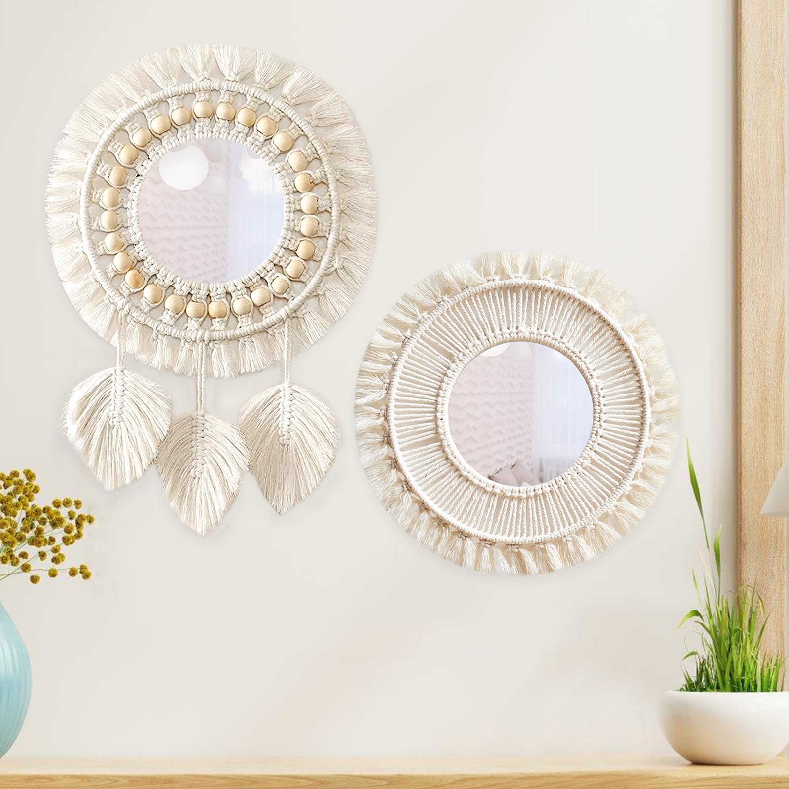 Dekoracja na ścianę, lustro dekoracyjne z tkanymi frędzlami, 2 sztuki, lustro ścienne w stylu boho, okrągłe lustro ścienne z tkanymi frędzlami, makrama, lustro ścienne do salonu, sypialni, dekoracja