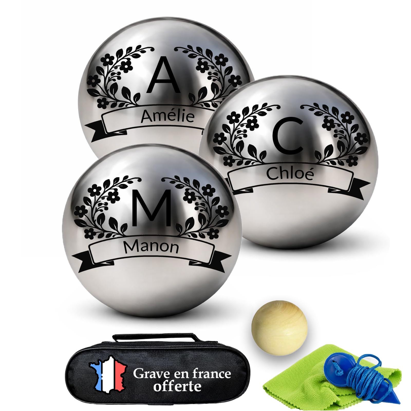 Boule de Pétanque Personnalisée 720g - Triplette avec Accessoires (Cochonnet, Sacoche, Mesureur) - Idée Cadeau pour Fête des Pères et Mères, Retraite, Anniversaire (Modèle Couronne de Fleurs)