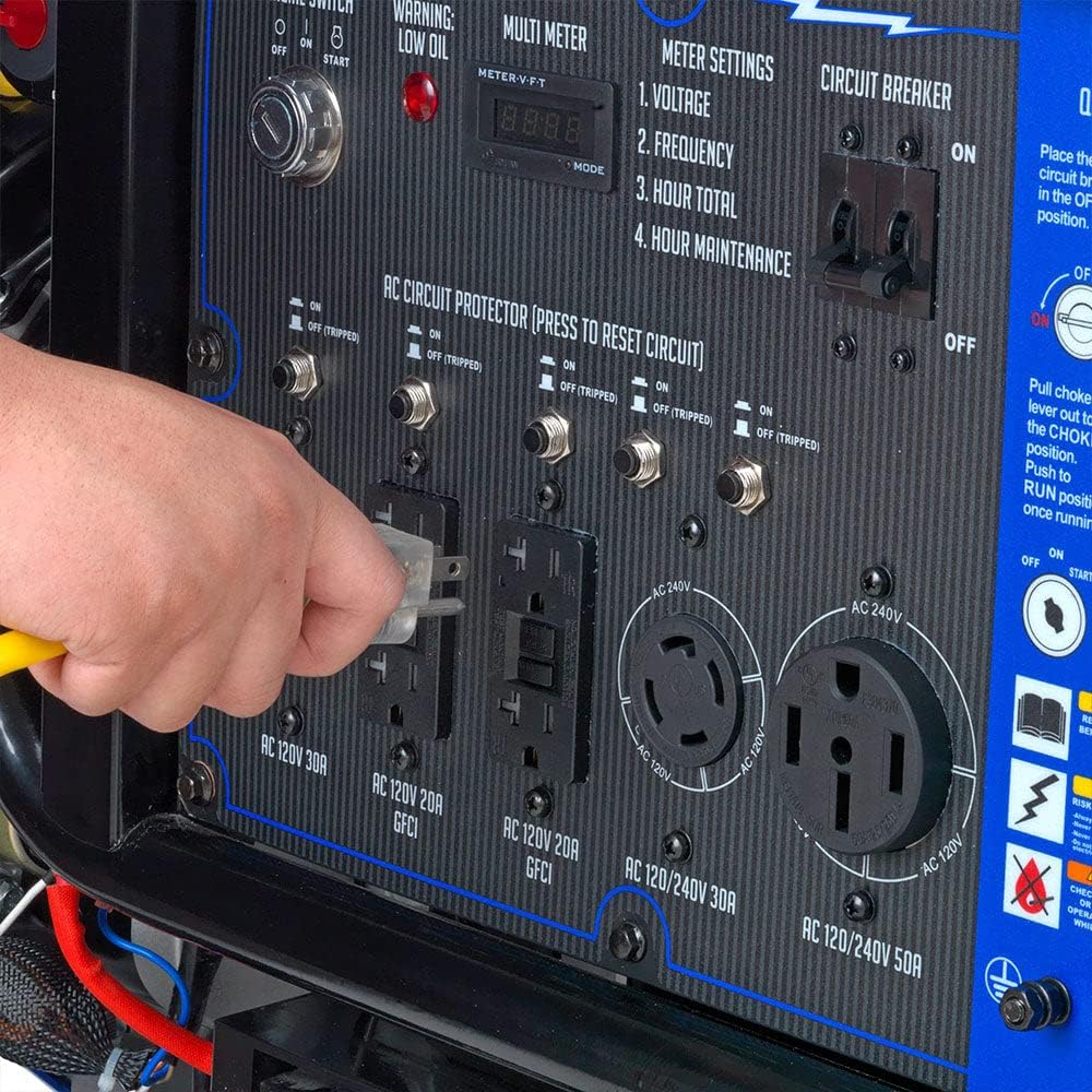 Hand plugging into DuroMax XP15000E generator outlet