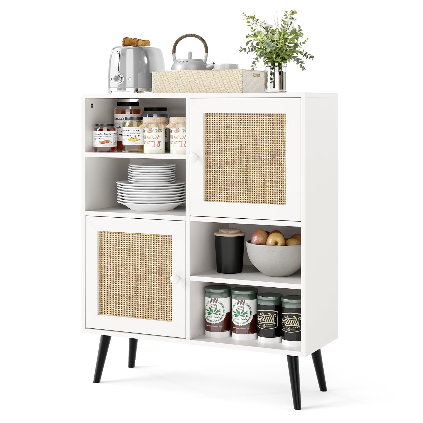 Aparador de ratán blanco WooBuffet auxiliar con cubos abiertos y puertas