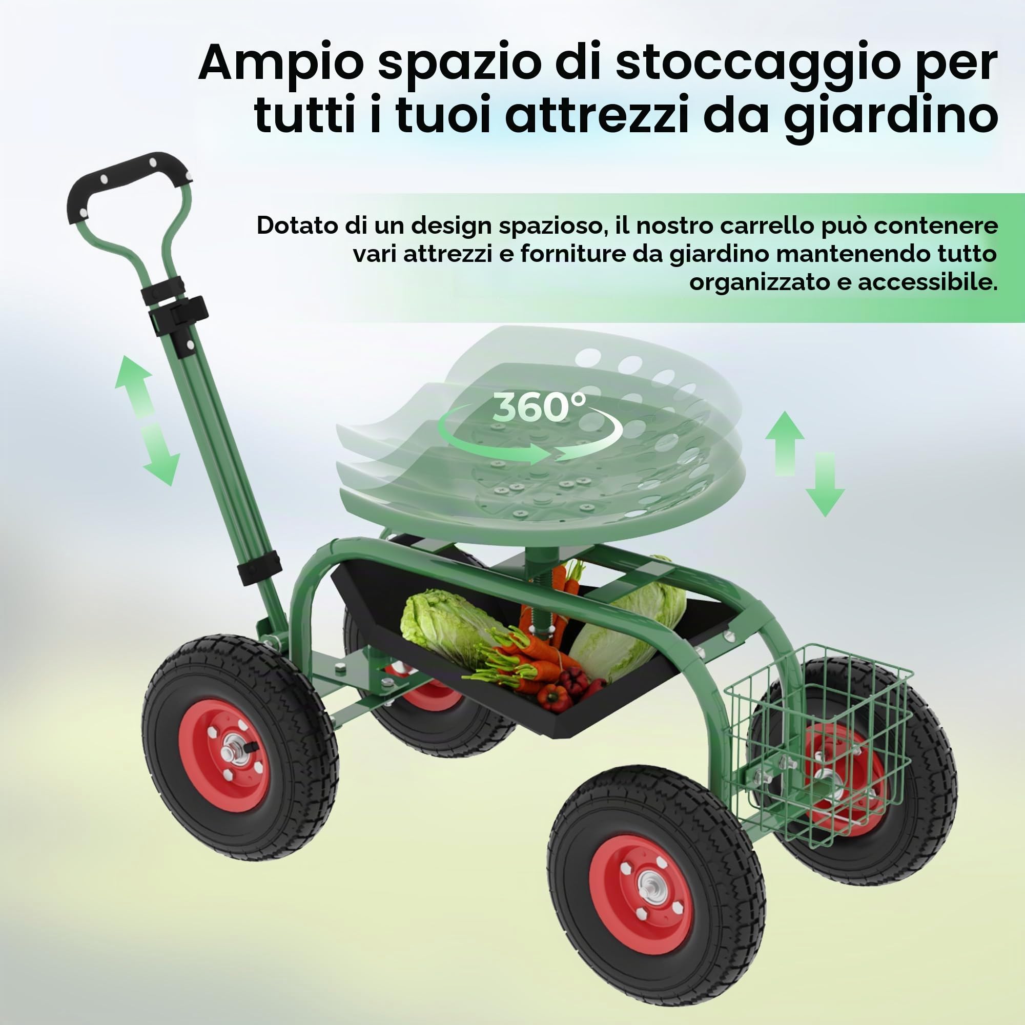 Carrello Da Giardino Con Sedile Su Ruote, Sgabello Da Giardino Con Ruote, Sgabello Da Giardinaggio Resistente Per Piantare Con Sedile Girevole a 360 Gradi, Maniglia Di Sterzo e Vassoio Portau