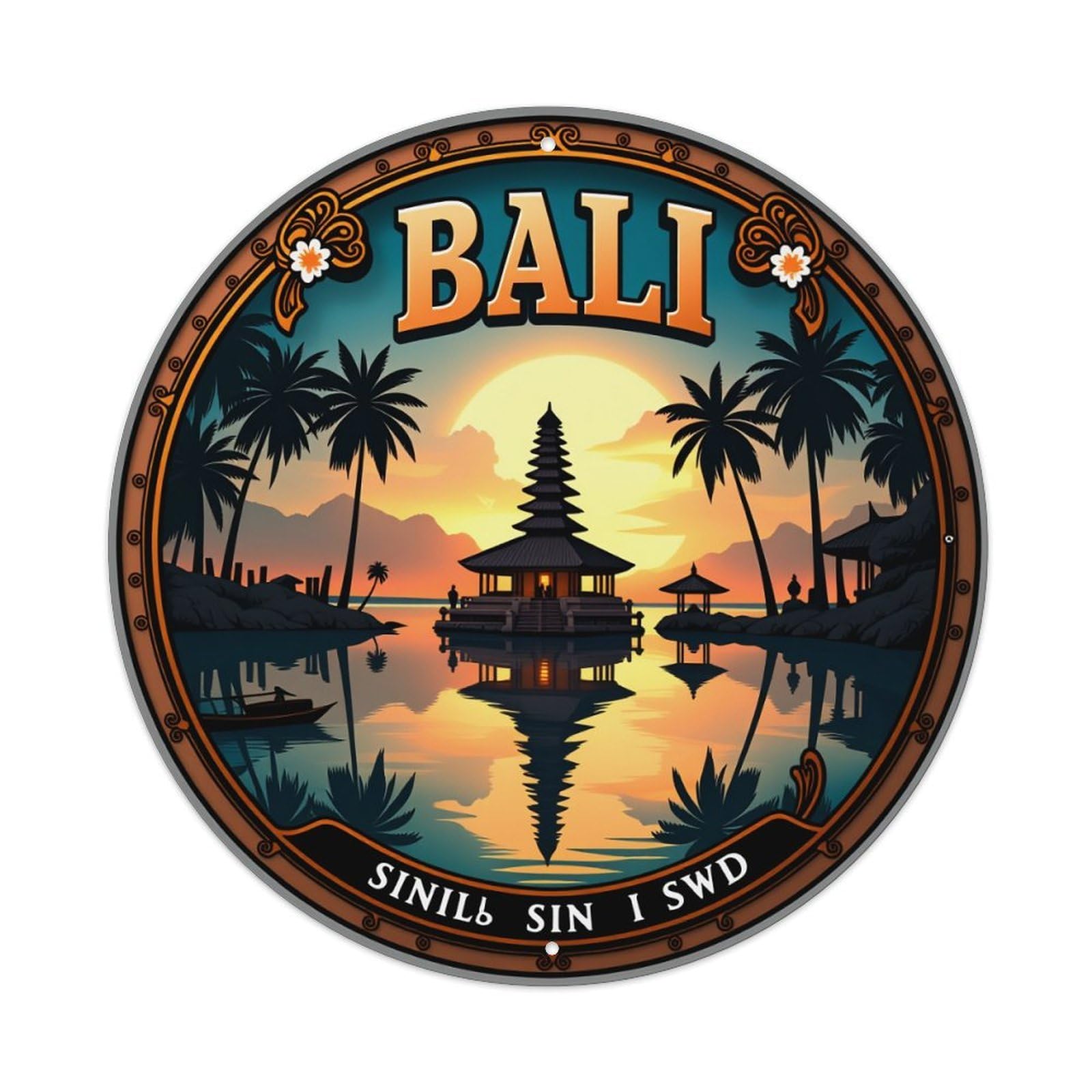 Bali Sunset Temple Palm Water Metal Tin Sign Plaque