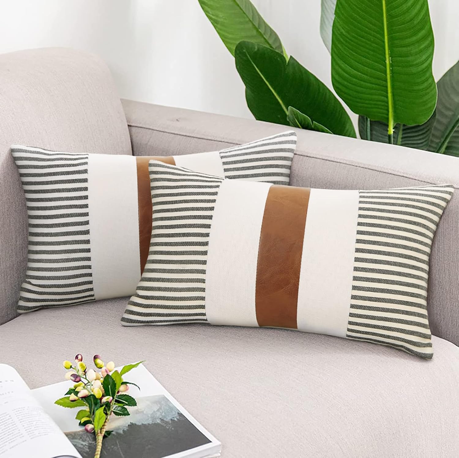 JASEN Farmhouse Throw Pillow Covers 12x20 inch, Set of 2 Brown Faux Leather Throw Pillows Modern Decorative Pillow Covers for Sofa Bedroom Living Room - Image 3