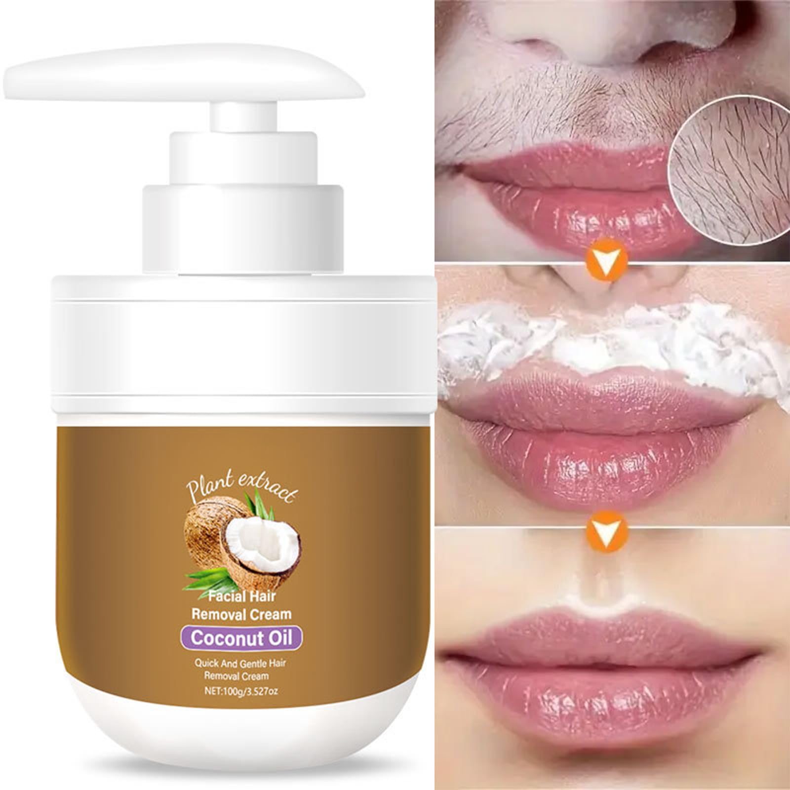 Crema depilatoria facial, crema depiladora de coco para labio superior y mentón para mujeres, removedor de vello facial para piel sensible, suave y no irritante, 3.52 onzas líquidas 3