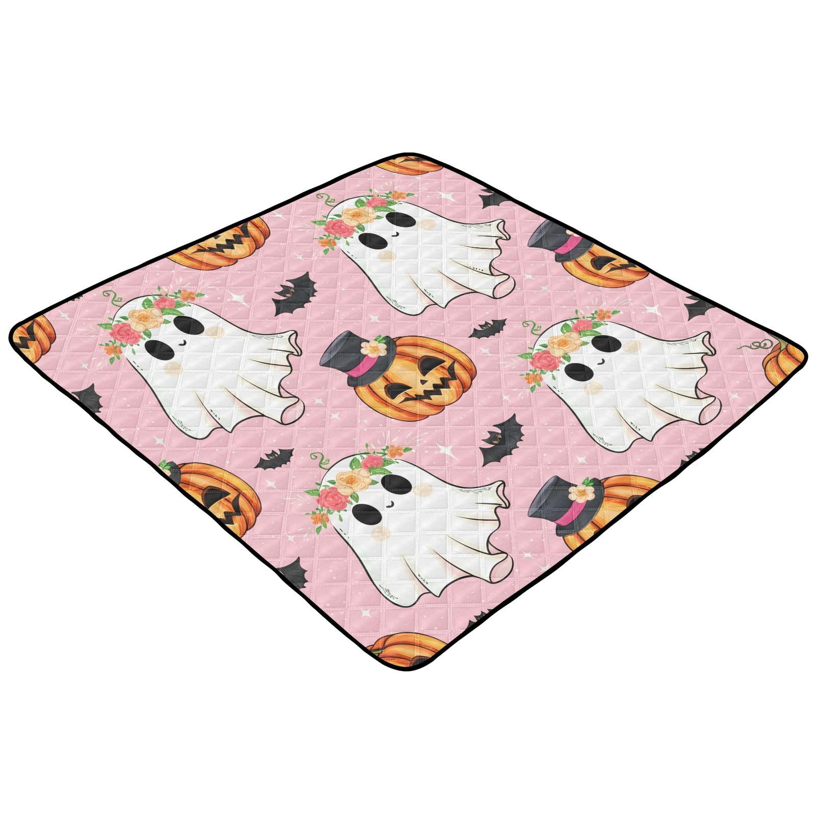 BOESI Doodle Cute Ghost and Pumpkin Baby Play Mat, 50“ X 50” Washable Folding Crawling Mat, Baby Floor Mat, Soft, Non-Slip