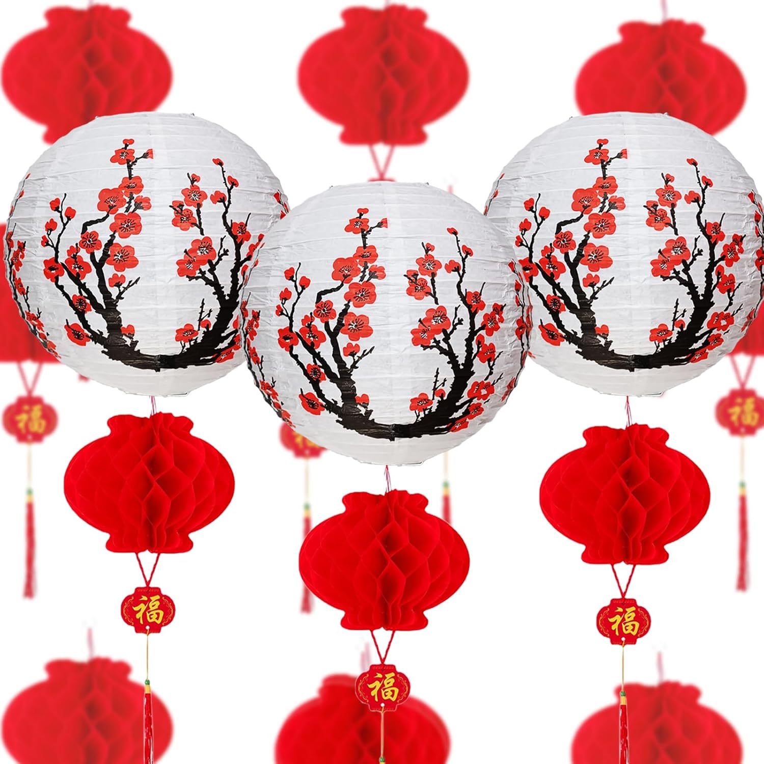 Chinese Janpanese Paper Lanterns Cherry Blossom Paper Lanterns Japanese Trandition Decorations Set Hanging Lanterns for Asian Spring Festival Wedding Restaurant (White)