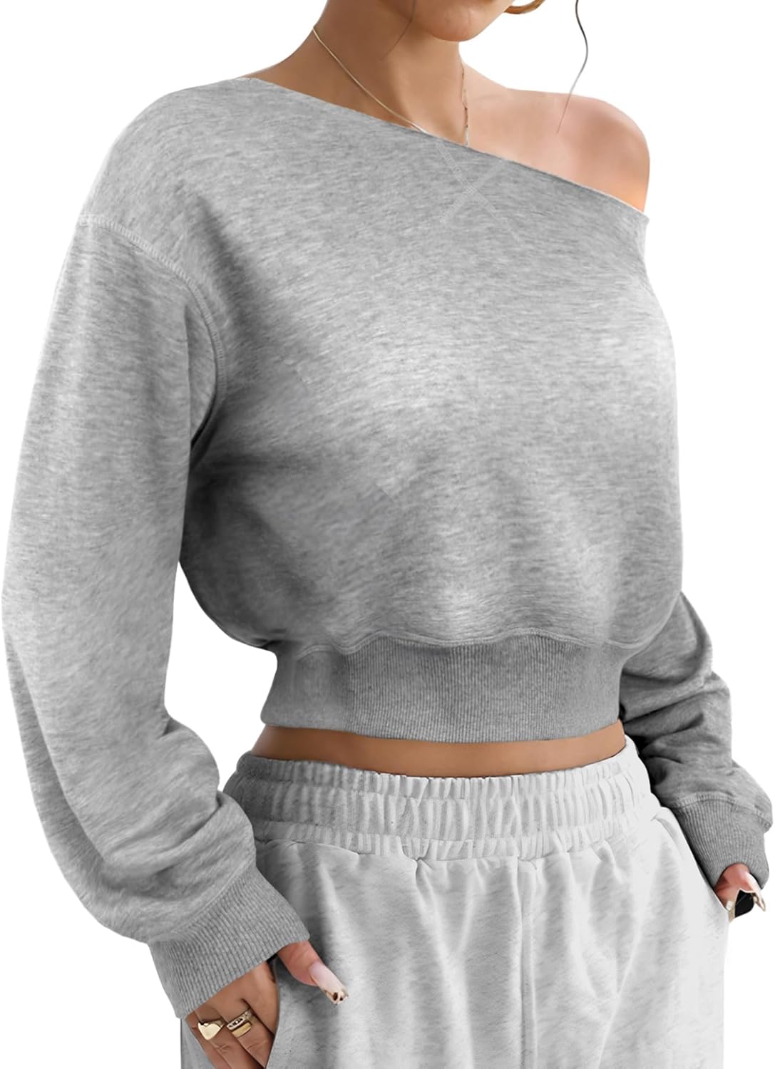 SOFIA'S CHOICE Women Off the Shouler Sweatshirt Crop Top Long Sleeve Pullover Sweatshirts - Image 2