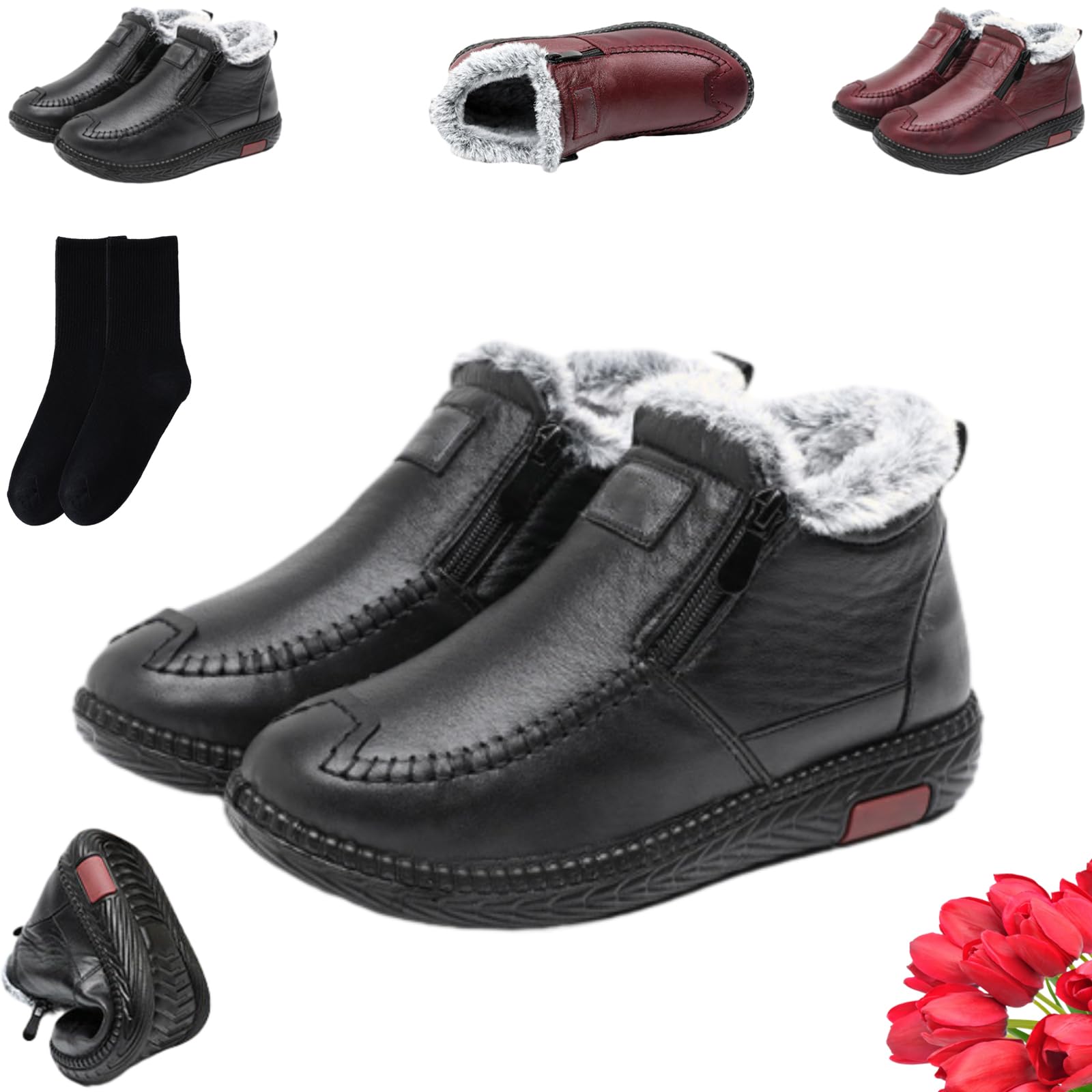 Womens Waterproof Non-Slip Cotton Leather Boots with Side Zipper Older Women Winter Warm Comfortable Fur Lined Ankle Booties