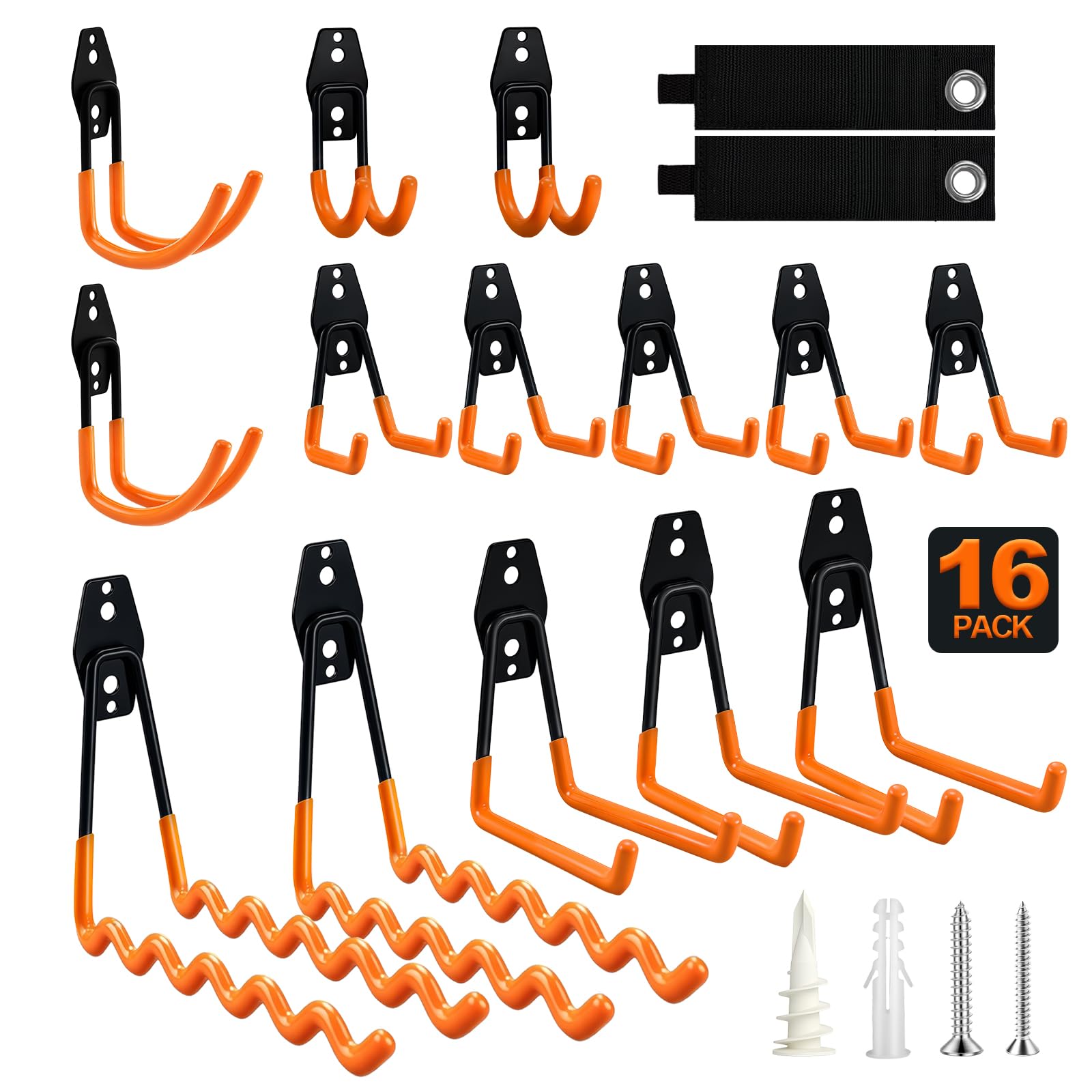 flintronic Wandhaken Garage 16Pcs, Garagenhaken Hakens Set Gartengeräte Halterung, Schwerlast Doppelhaken in mehreren Größen mit Anti-Rutsch-Beschichtung für Garage Garten