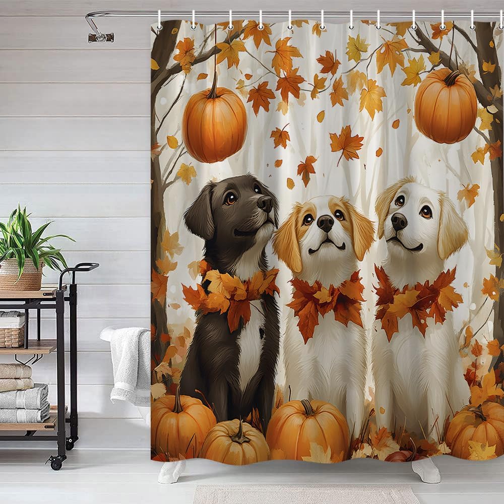 Fall Dog Shower Curtain Rustic Autumn Forest Pumpkin Maple Leaf Funny Puppy Cute Animal Harvest Thanksgiving Day Polyester Fabric Bathroom Decor 108×70 Inch with Hook