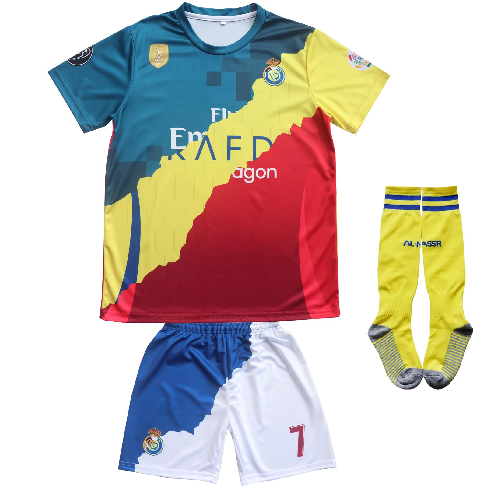 LeenBD Madrid Manchester Al NASSR #7 Kids Soccer Jersey Shirts Football Futbol Socks Set Youth Sizes (Mix, 24 (6-7 Years Old))
