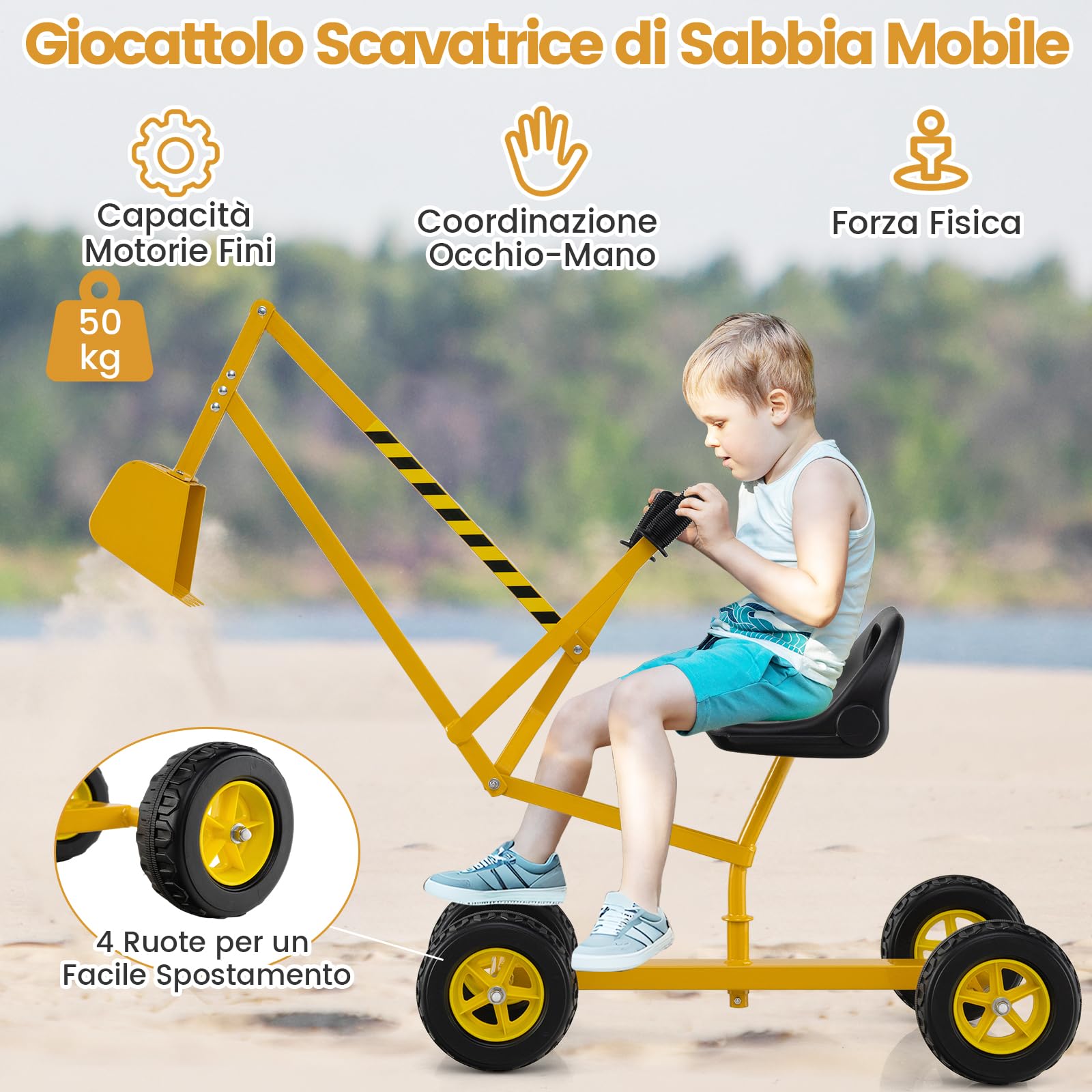 COSTWAY Escavatore per Bambini, Scavatore per Sabbiera con Comandi a 2 Mani e Pala Flessibile, Sedile Rotante a 360°, 4 Ruote, Ideale per Bambini 3 Anni+ (con Ruote Giallo)