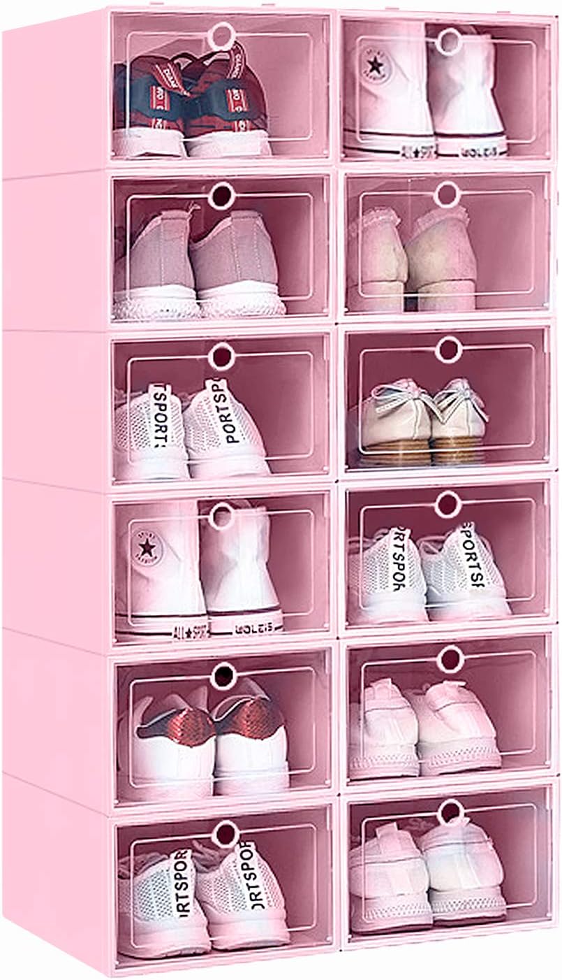 KPX 12 Pack Stackable Shoe Storage Organizer Plastic with Lid, Clear Shoe Boxes Drop