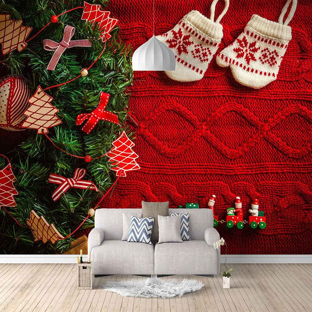 Papier peint toile 3D sapin Noël rouge mural décoratif 400x280