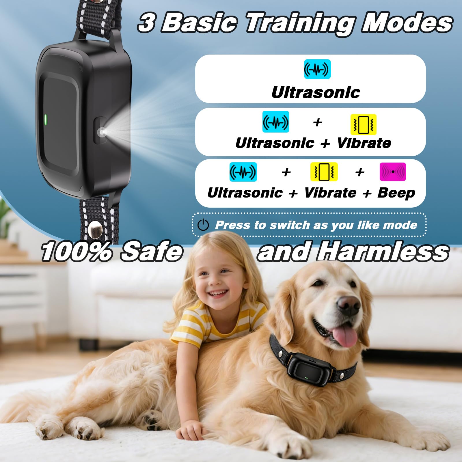 Anti Barking Collars,Dog Training Collar with Behaviour Aids,Ultrasonic&Beep&Vibration,Non-Shock Anti Barking Device for Medium Large Dog,IPX7 Waterproof,Rechargeable Stop Barking Dog Deterrent Device - 3