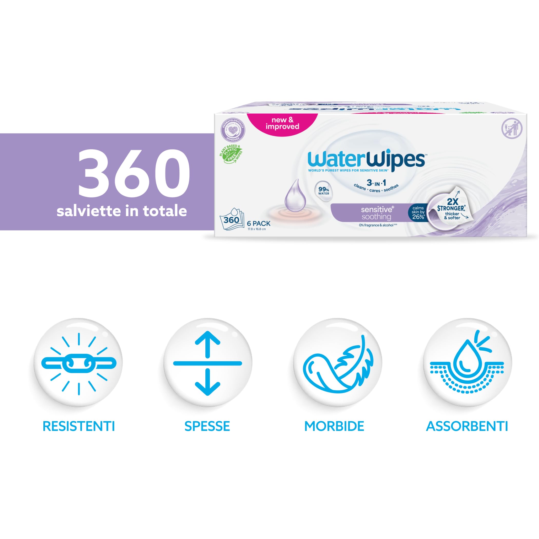 WaterWipes Salviettine Lenitive 360 Pezzi 6 Confezioni Detergenti 99% Acqua Estratti Botanici Senza Profumo