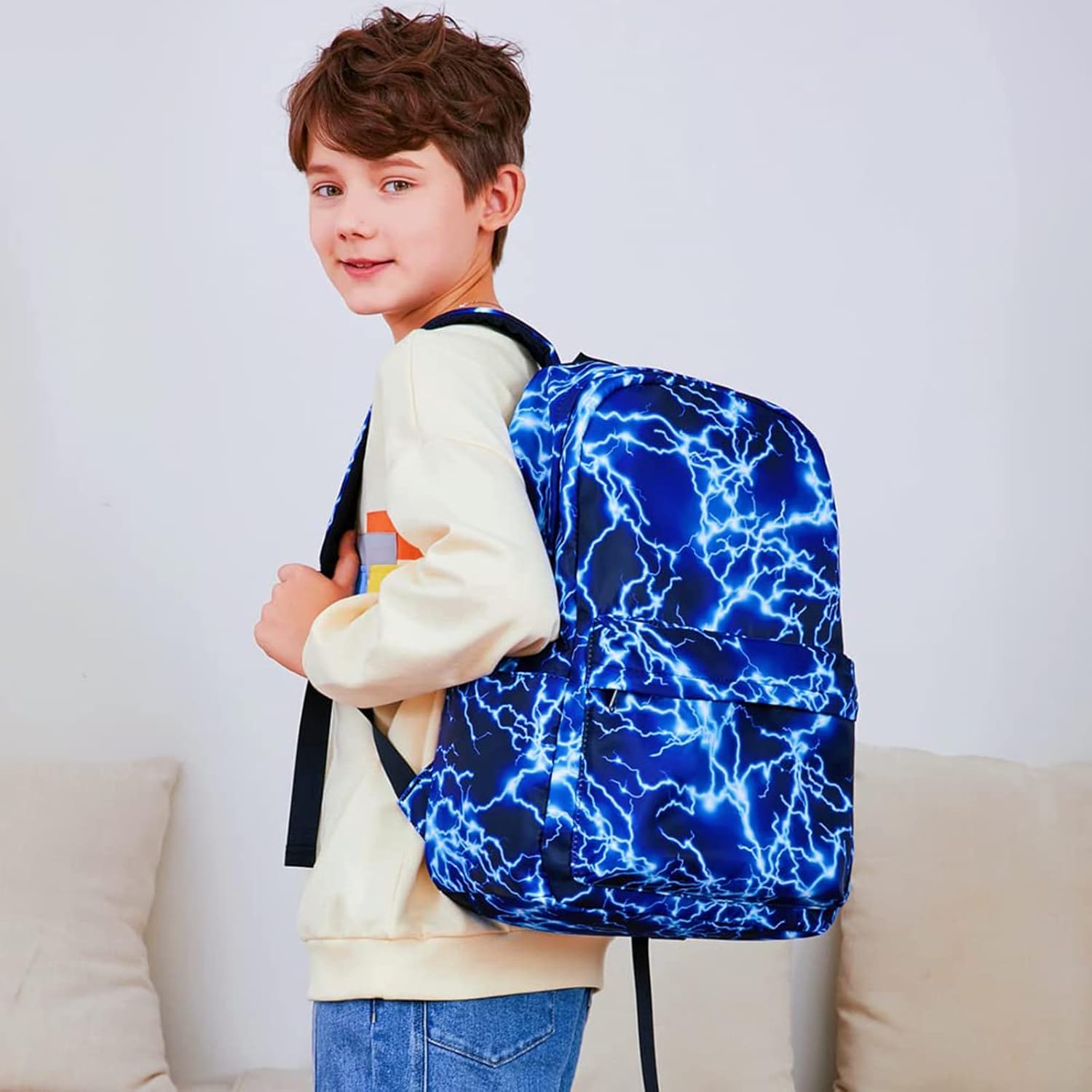 Joyfulife Starry Blue Kids Backpack for School Boys Girls Primary Backpack Lightning Bookbags Travel Laptop Backpack Daypacks - Image 2