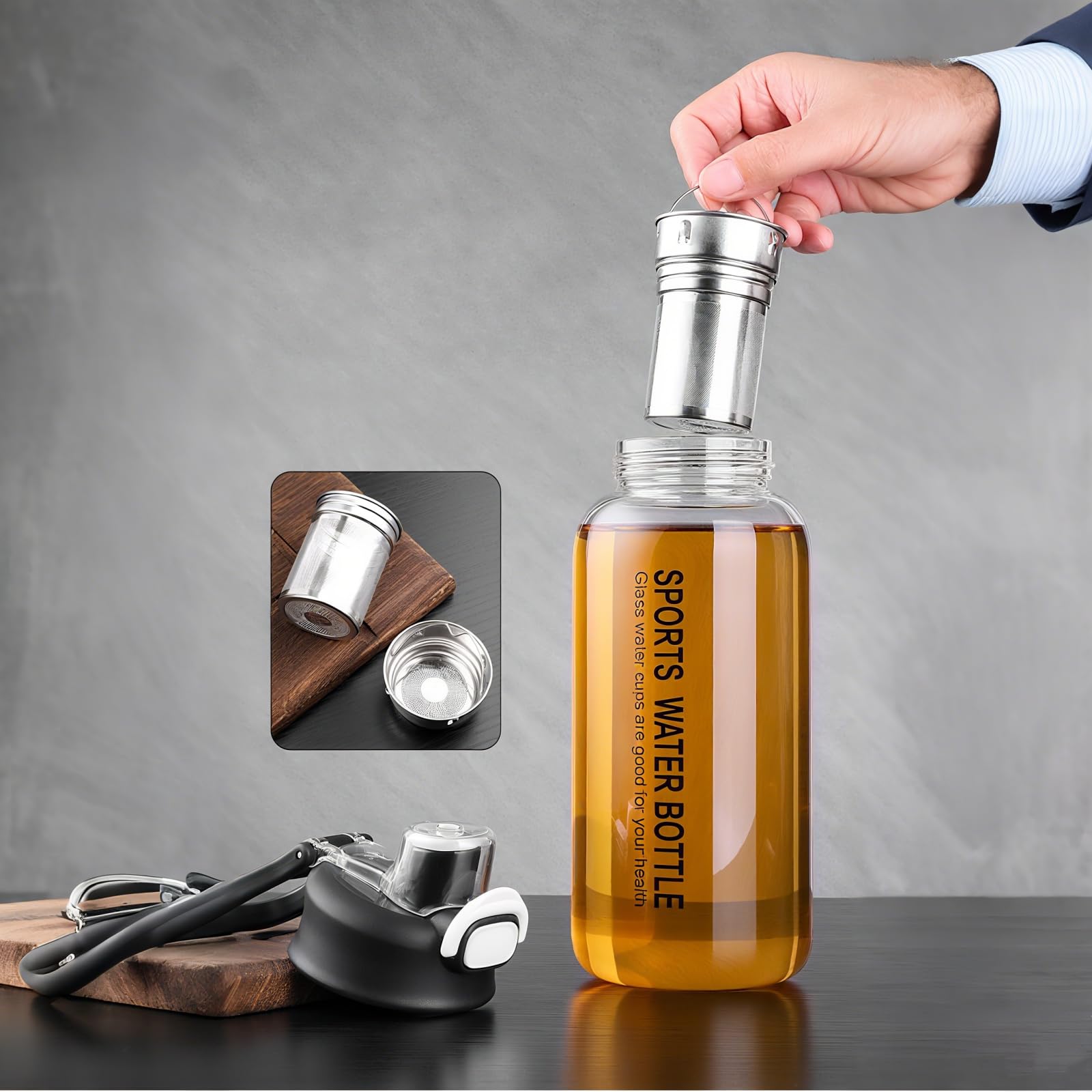 Glas-Tee-Flasche mit Teesieb, Gas-Tee-Becher mit Teesieb, Borosilikatglas-Infuser, Wasserflasche mit Strohhalm, Hülle, Verschlussdeckel und Griff, auslaufsicher (750 ml)