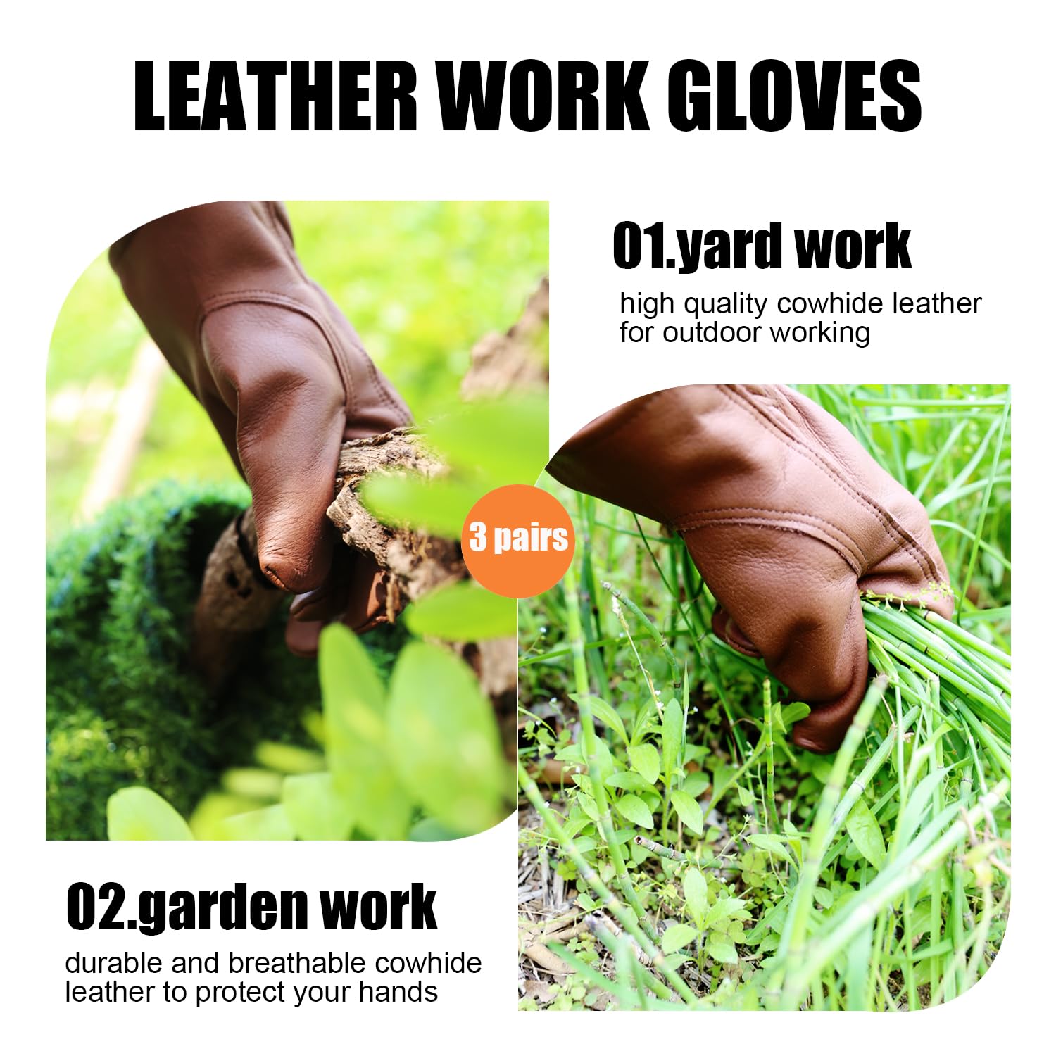 3 paires de grands gants de travail en cuir de vachette marron pour homme et femme, gants de travail en cuir de construction anti-épines, gants de travail de jardin, atelier