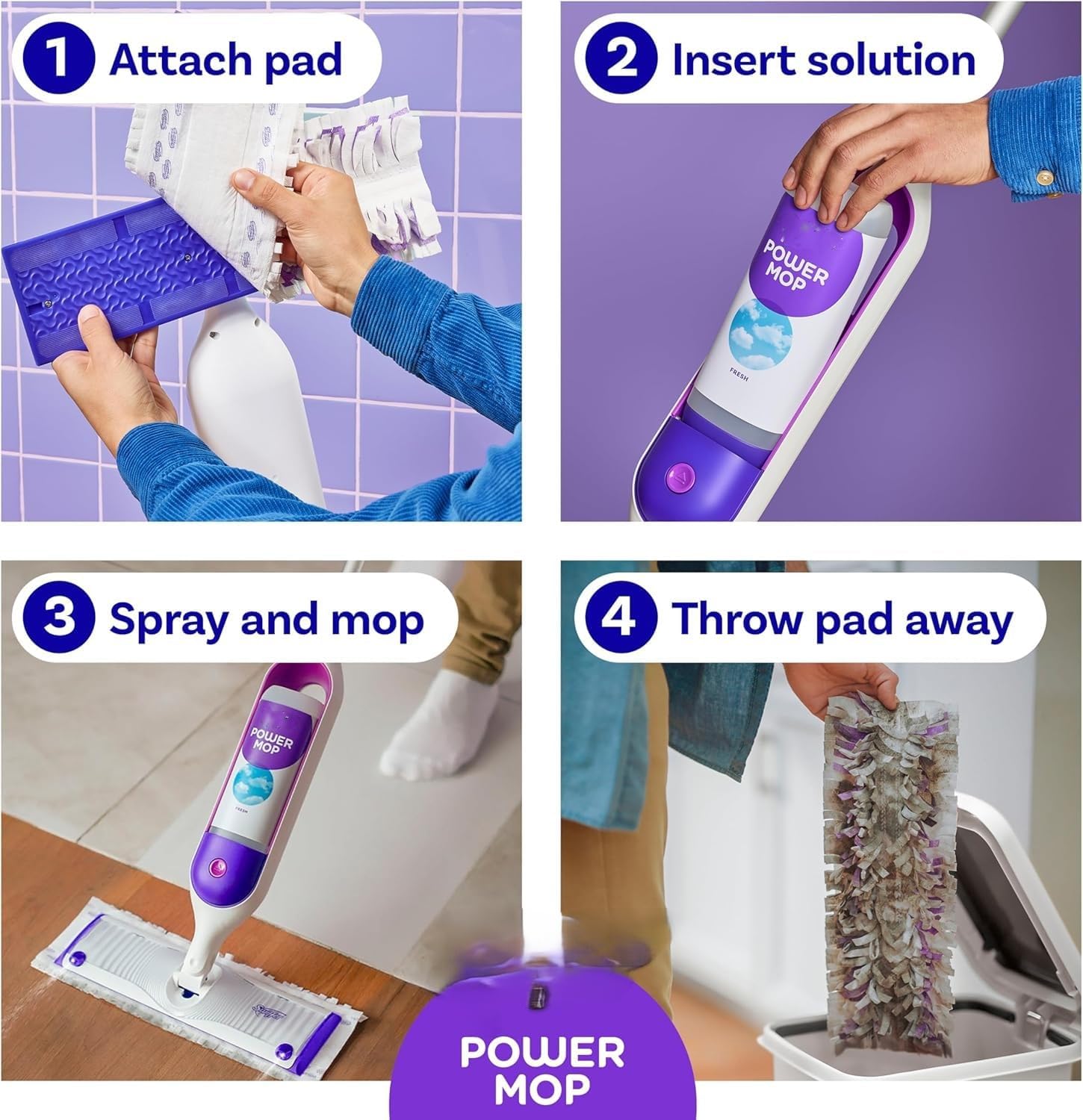 PowerMop Multi-Surface Mop Kit for Floor Cleaning, Includes PowerMop, 2 Mopping Pad Refills, 1 Cleaning Solution with Fresh Scent and 2 Batteries