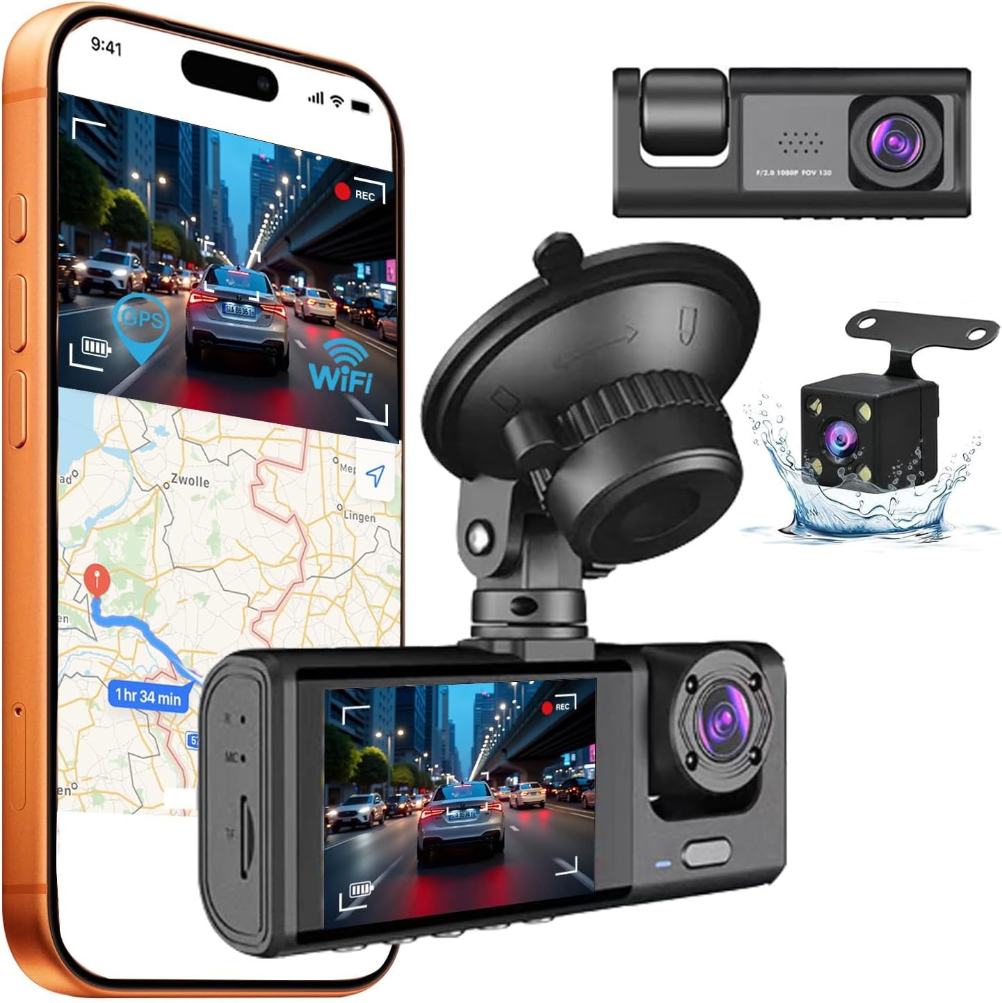 Camara Coche grabadora,4K/1080P Camara Coch WiFi Dash CAM Coche,Camara vigilancia Coche,GPS Tracker Visión Nocturna,170° Gran Angular,G-Sensor,Grabación en Bucle,Control App,Monitorización