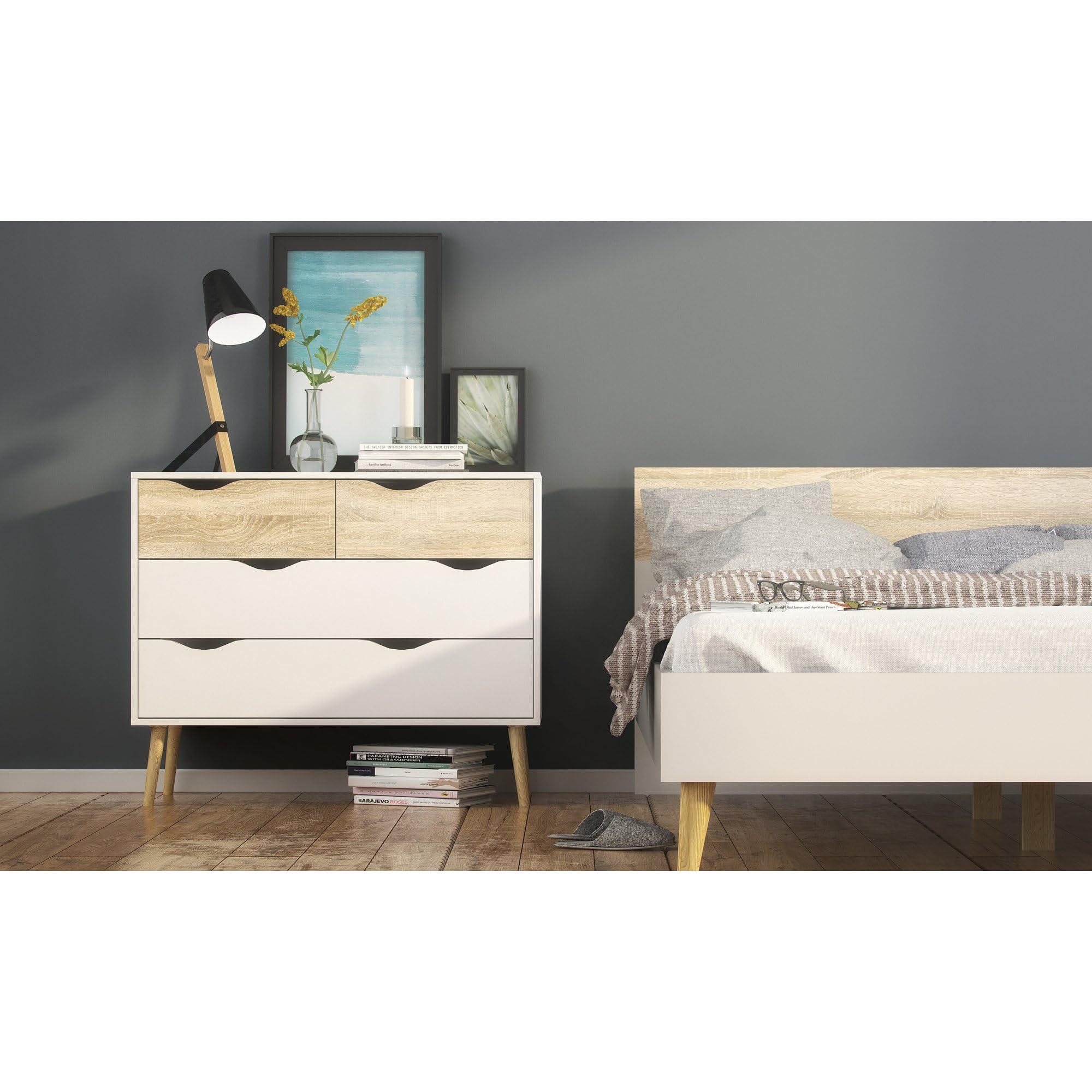 Cómoda, Cajonera para Dormitorio Tajo con 4 Cajones Color Blanco y Roble Patinado 99 x 39 x 82 cm