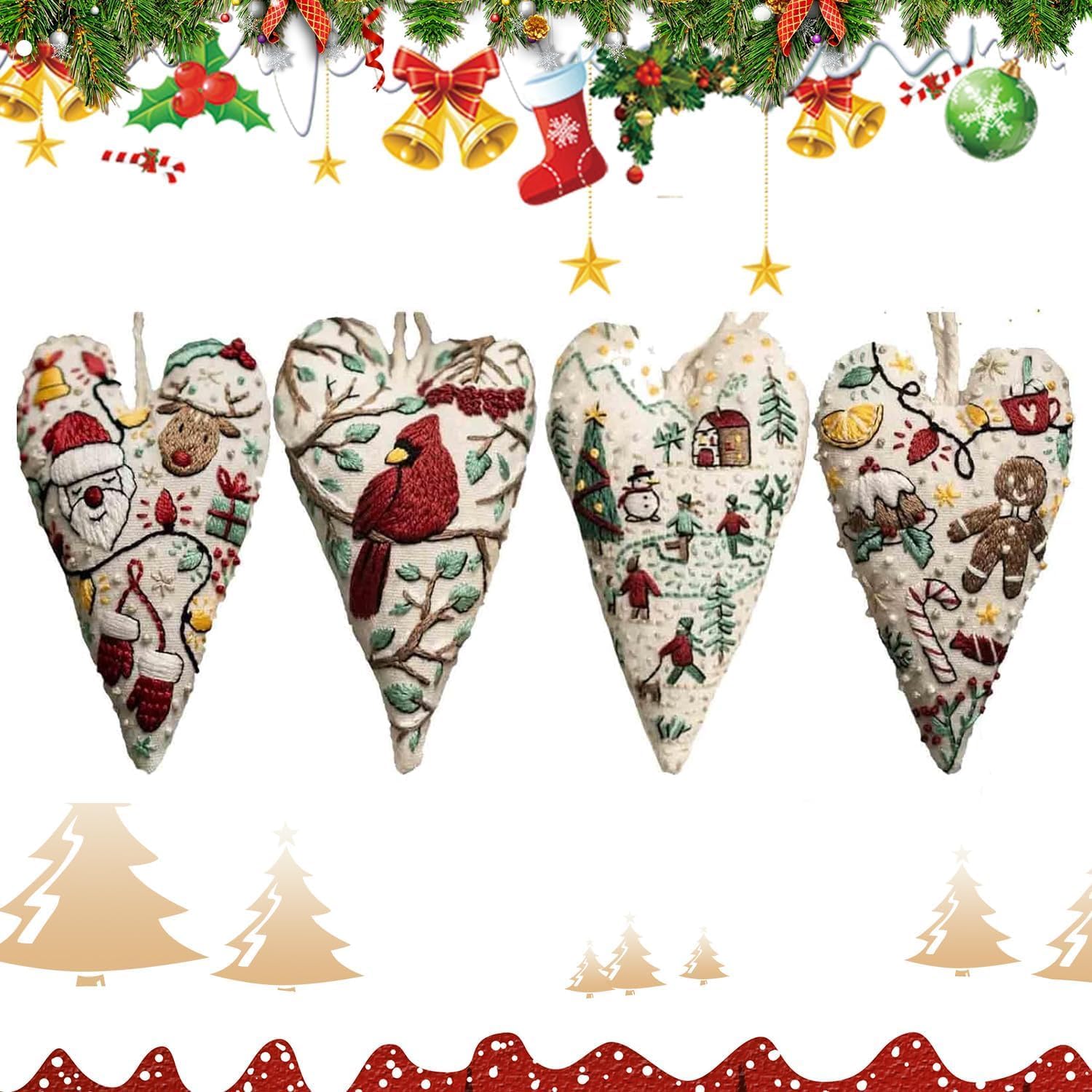 GINGER TECH DIY Heart Embroidery Christmas Decoration, Christmas Embroidery Kit for Beginners, DIY Heart Shaped Hand Embroidered Christmas Ornament Kit with Needles and Thread (8PCS A+B)
