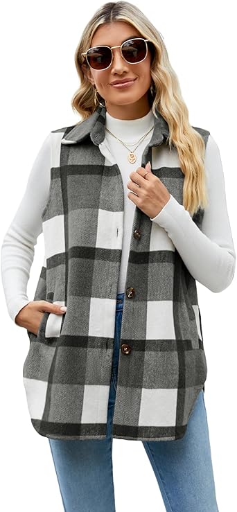UANEO Womens Fall Flannel Plaid Vest Button Down Sleeveless Shirt Jacket with Pockets