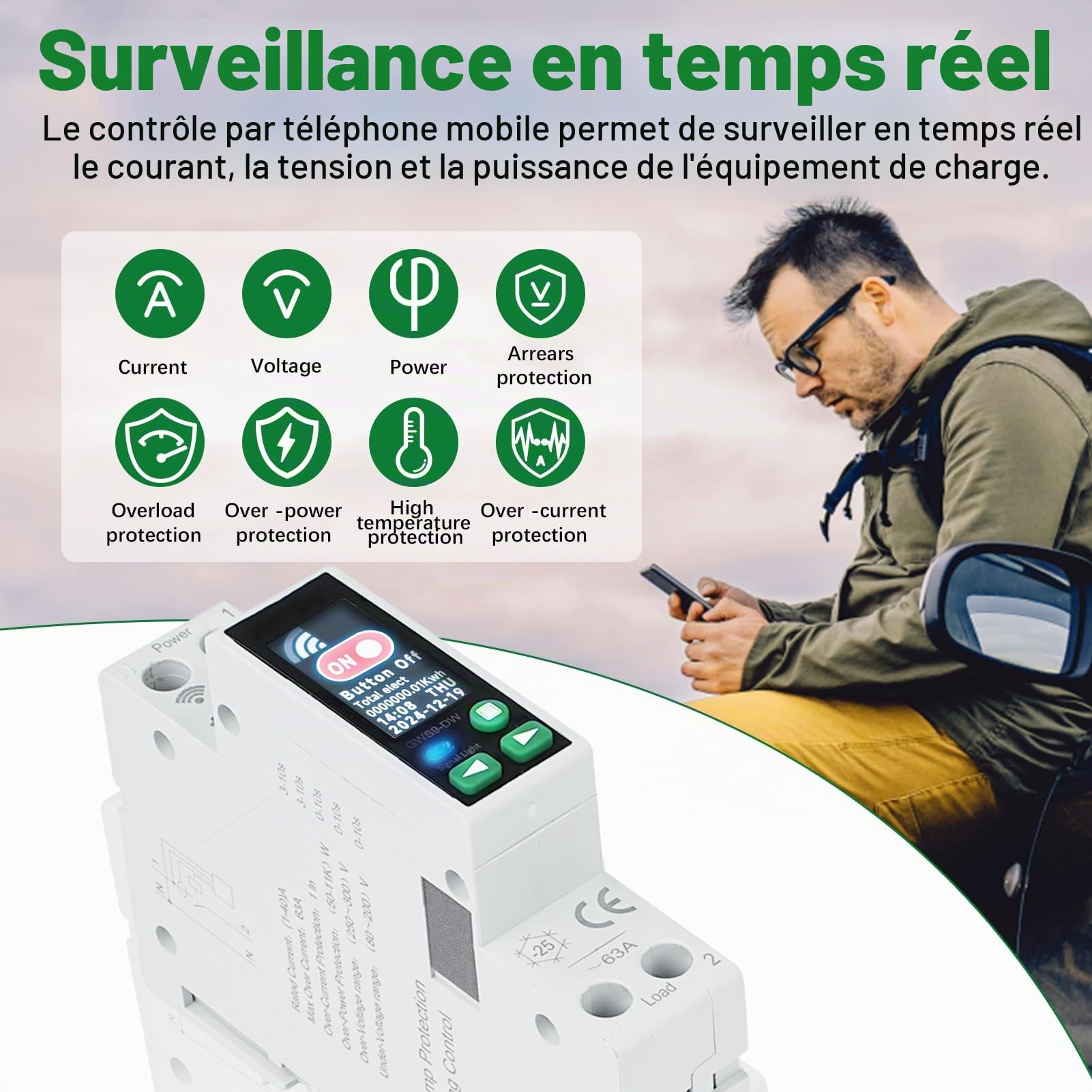 Disjoncteur 40A tuya wifi compteur electrique circuit breaker wifi interrupteur minuterie 90-240V AC 1P+N interrupteur à distance avec protection contre les surtensions etc (avec indicateur LED)