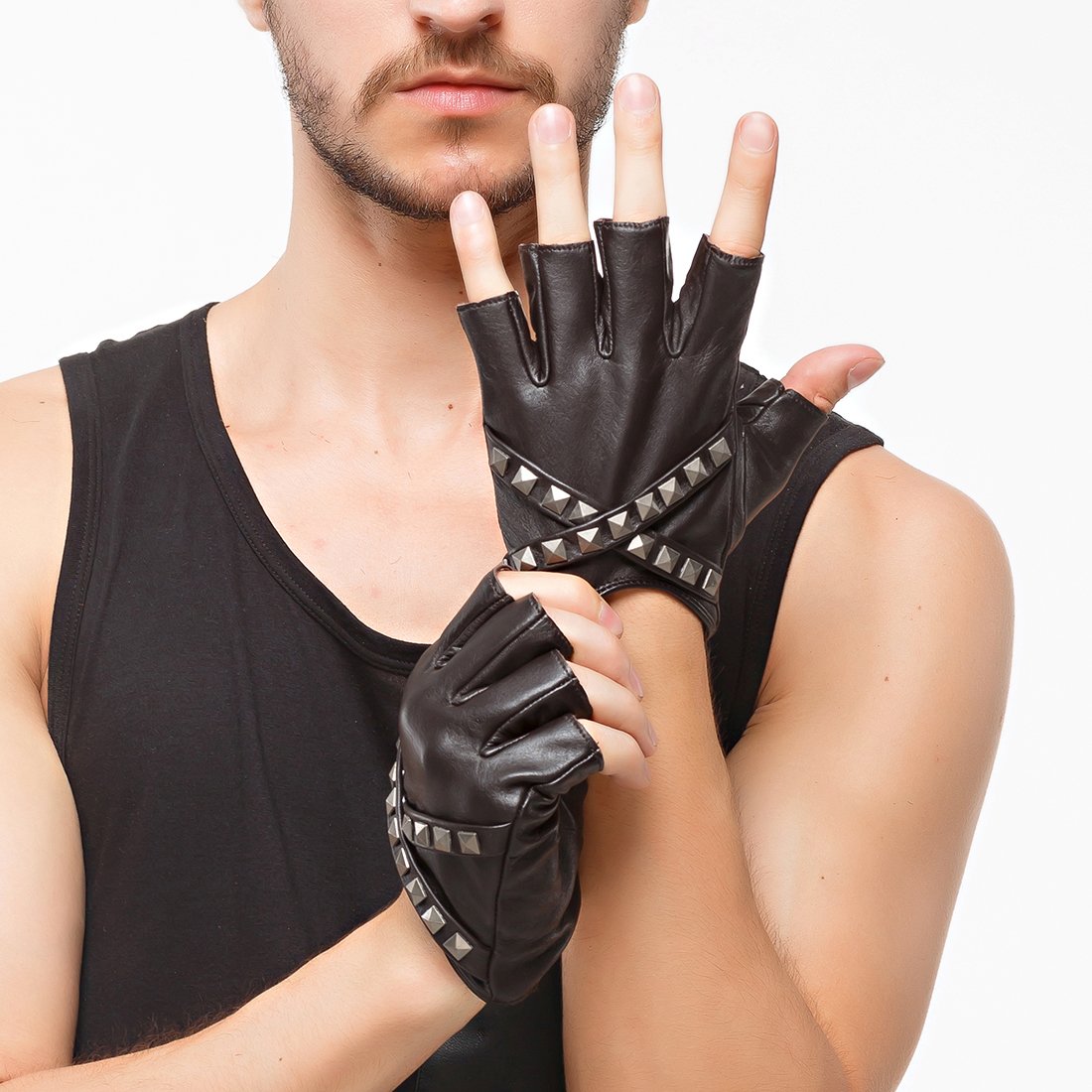 Nappaglo Men's Fingerless Gloves Lambskin Leather Half Finger Rivet Cross Belt Antiskid Driving Cycling Outdoor Gloves (L (Palm Girth:8.5