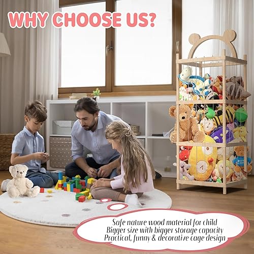 Miniatura 5 de Almacenamiento de animales de peluche, organizador de juguetes de peluche de madera, soporte grande para animales de peluche para niños, lindo cofre