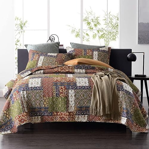 VISIMISI Juego de colcha de algodón reversible colcha de retazos estilo vintage bohemio marrón tamaño King