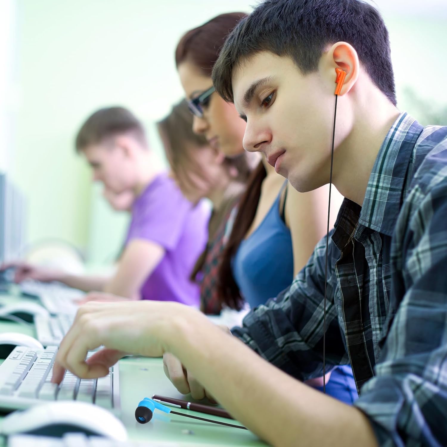 Kanayu 100 Pack Wired Earbuds Bulk for Classroom Ear Headphones Wired Basic Student Earbuds No Microphone with 3.5MM Jack for Class Laptop School Library, Individually Bagged (Orange)