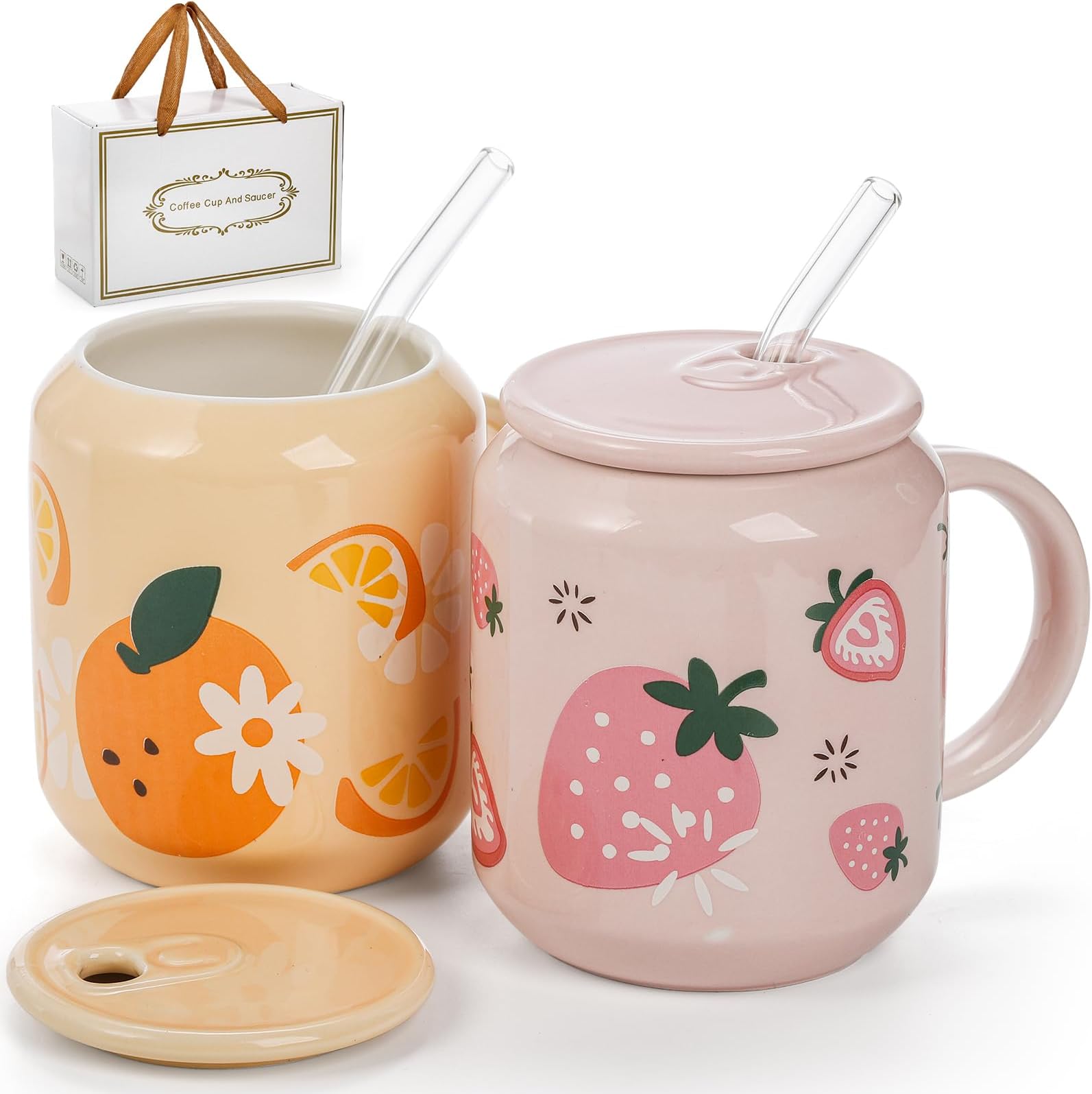 2 Pack Cute Ceramic Mugs with Lid and Straw, 13 Oz Fruits Pattern Coffee Cup with Handle, Handmade Strawberry Orange Tea Cup for Office Home, Hot Ice Water Chocolate Milk, Women Gift