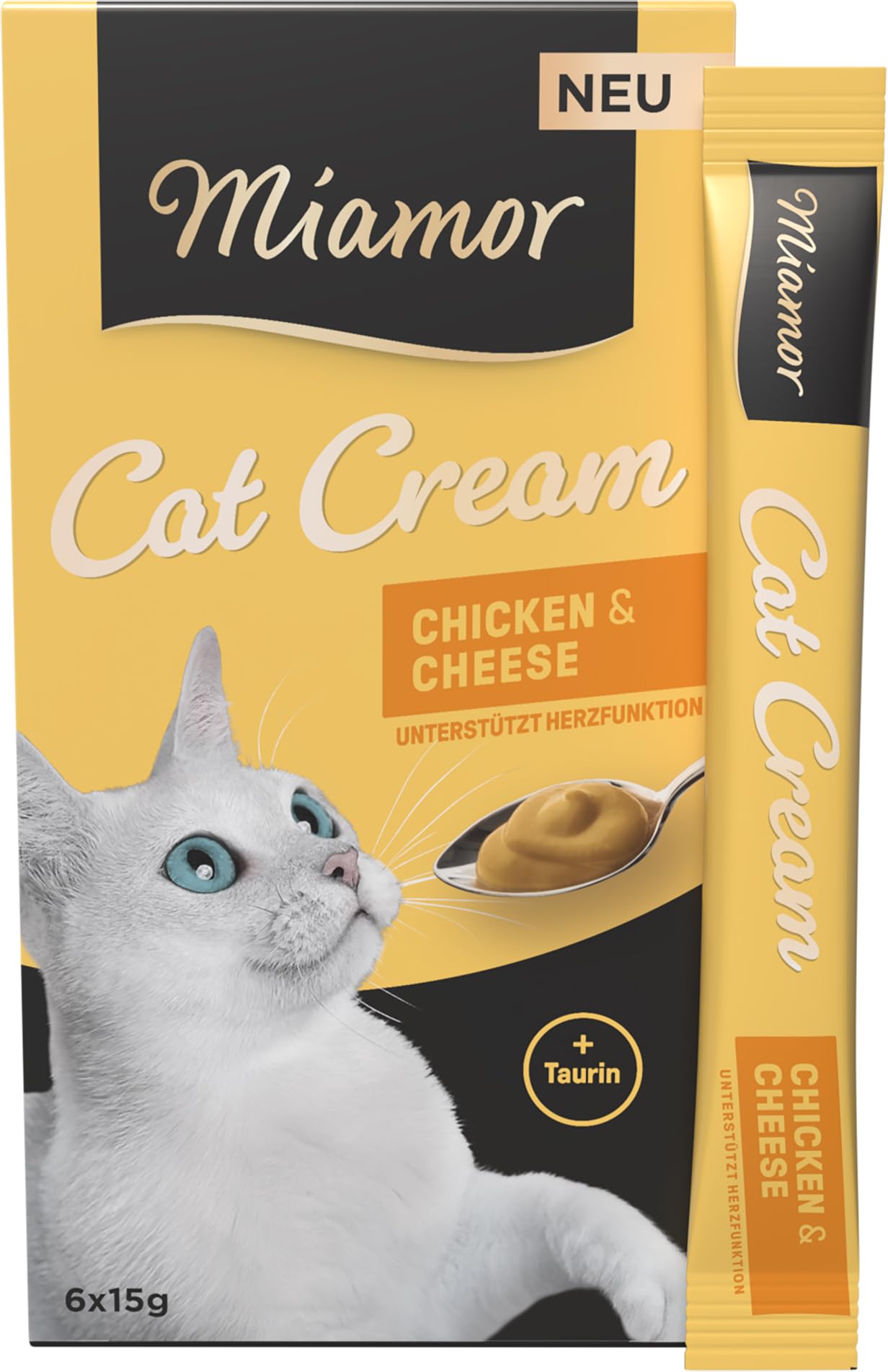 Miamor - Cat Snack (Cream) | Snack para mimar a los Gatos Adultos. Alimento complementario en Bolsa de porciones sin azúcar ni aditivos Artificiales, 11 x 6 x 15 g de Pollo y Queso