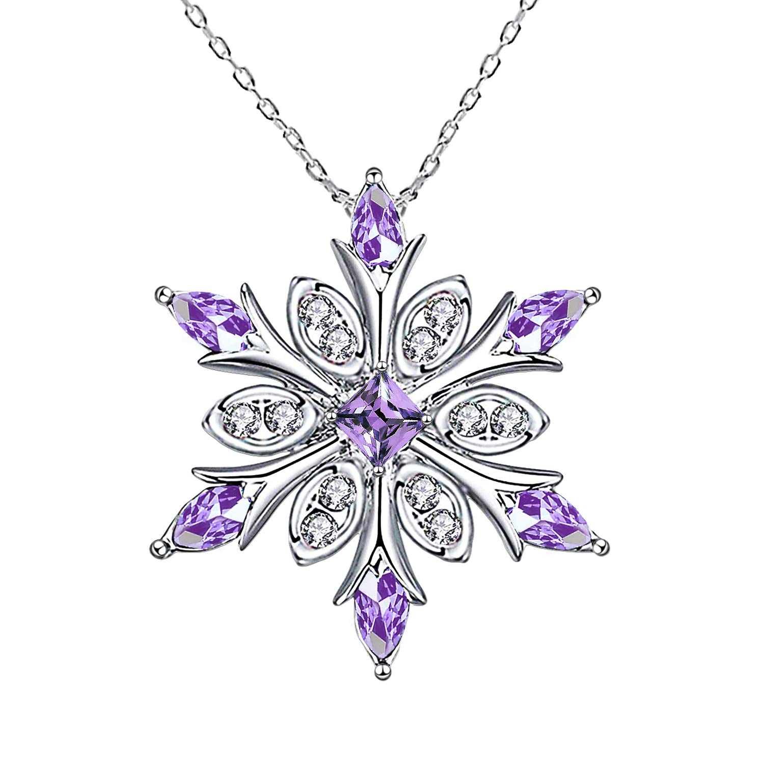 Women's 925 Sterling Silver Blue Crystals Snowflake Pendant Fashion Necklace Collarbone Chain purple