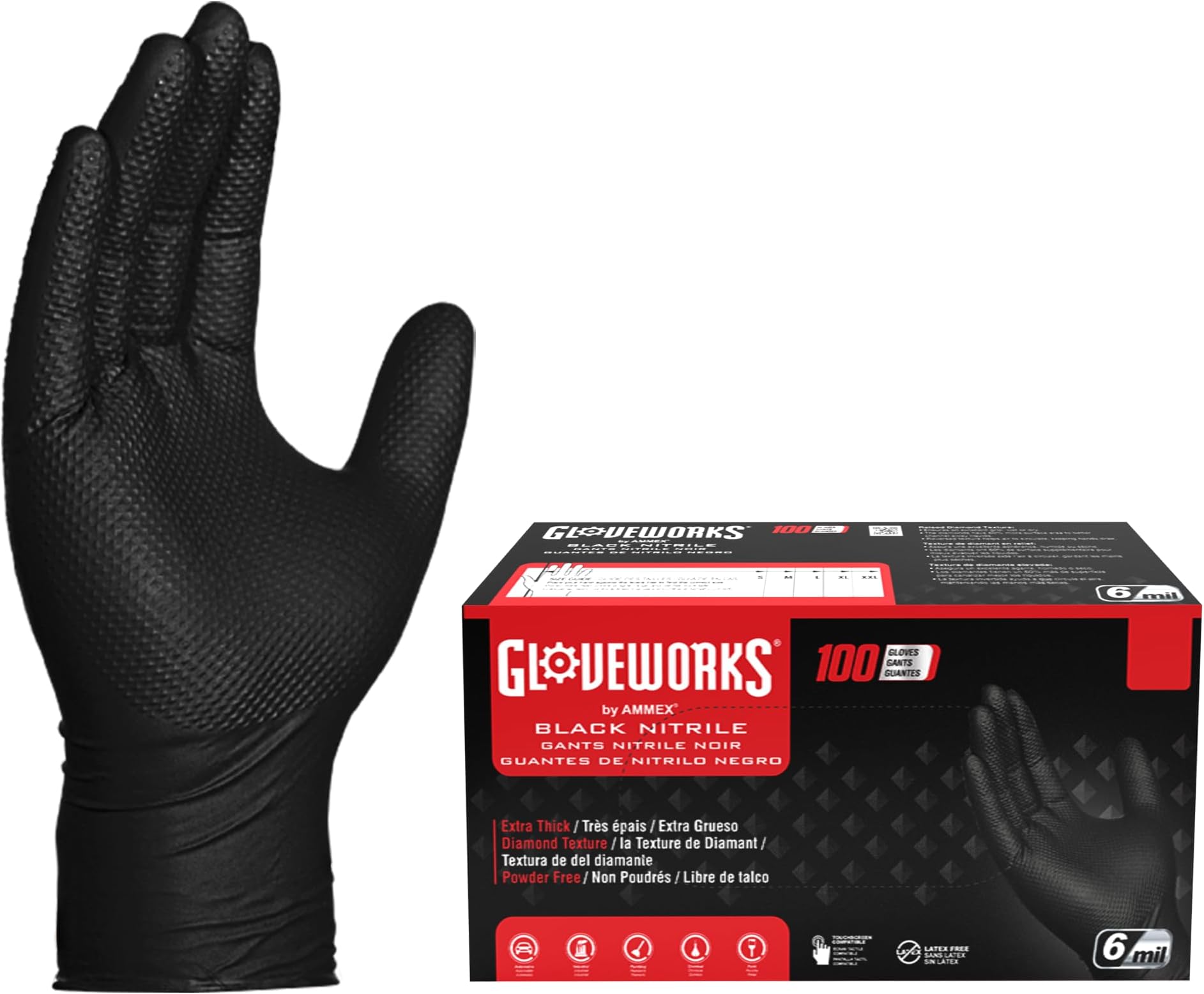HD Black Nitrile Industrial Disposable Gloves, 6 Mil, Latex-Free, Raised Diamond Texture, Large, Box of 100