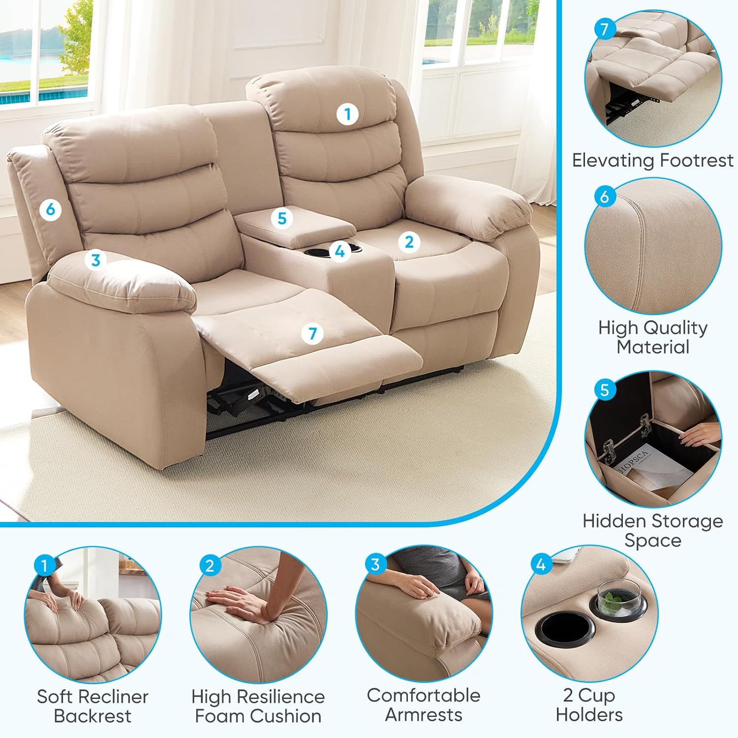 Mjkone Loveseat Recliner Sofa Couch, Reclining Home Theater Seating, Manual Control Recliner Sofa with Console Storage, Cup Holders, Adjustable Backrest, Couch for Living Room, Cinema, Media - Beige