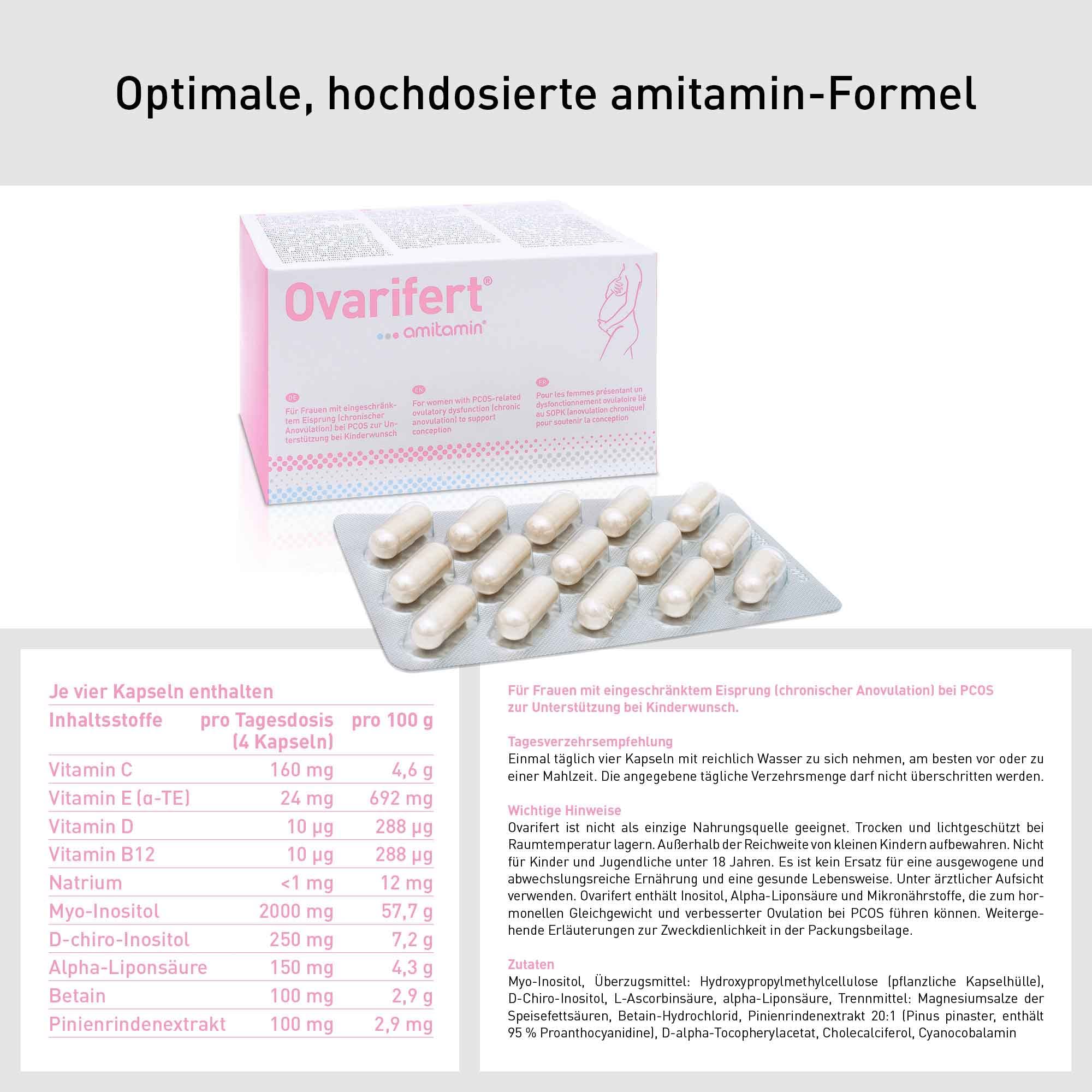 amitamin© Ovarifert | bei PCOS | 360 Kapseln | Mit Myo Inositol uvm | vegan | Bei Kinderwunsch + Schwangerschaft | mit Myo Inositol, D-chiro-Inositol, Vitamin C, D, B12 uvm. | deutsche Herstellung
