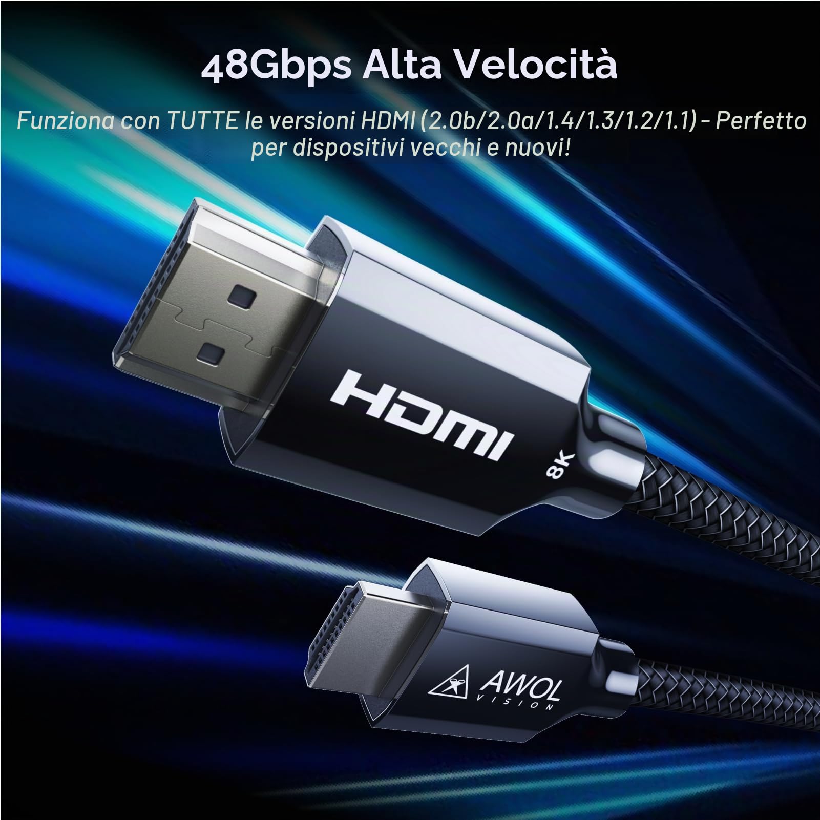 AWOL VISION Cavo HDMI 2.1 Certificato 8K 2M, Cavo HDMI Ultra Alta Velocità 48Gbps 8K@60Hz, 4K@120Hz, 2K@144Hz, Compatibile con PS5/Xbox/TV/PC/Proiettore (HC-002)